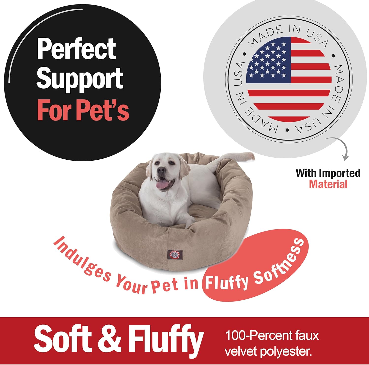 Majestic Pet 40 Inch Micro Velvet Calming Dog Bed Washable – Cozy Soft Round Dog Bed with Spine for Head Support - Fluffy Donut Dog Bed 40x29x9 (inch) – Round Pet Bed Large – Pearl - Pet Explorer