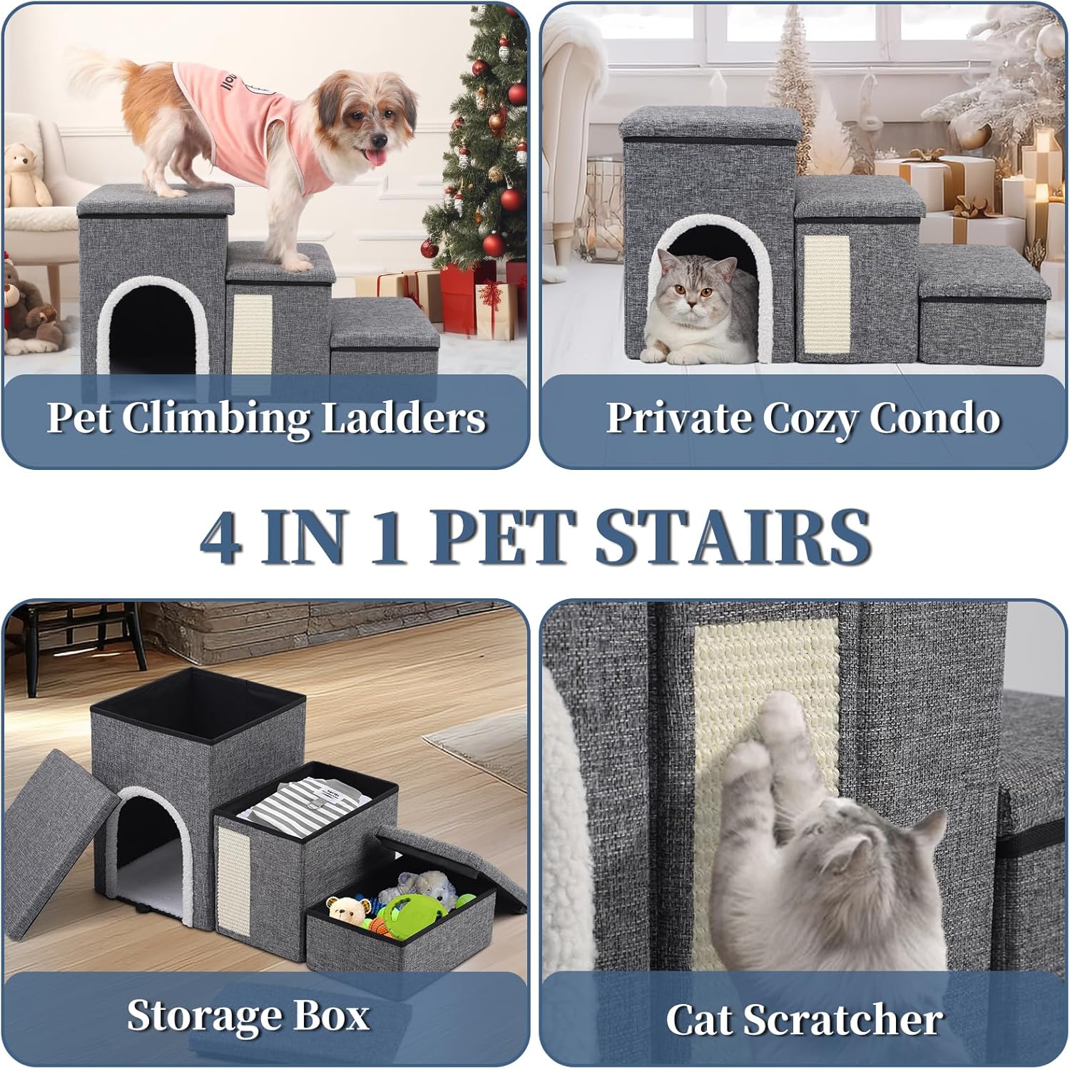 Dog Stairs for High Bed and Couch, 4 IN 1 Foldable Pet Stairs for Cats & Small and Medium Dogs, Adjustable Dog Steps with Pet Climbing Ladders/Cozy Condo/Storage Boxes/Cat Scratcher, Hold Up to 180LBS - Pet Explorer