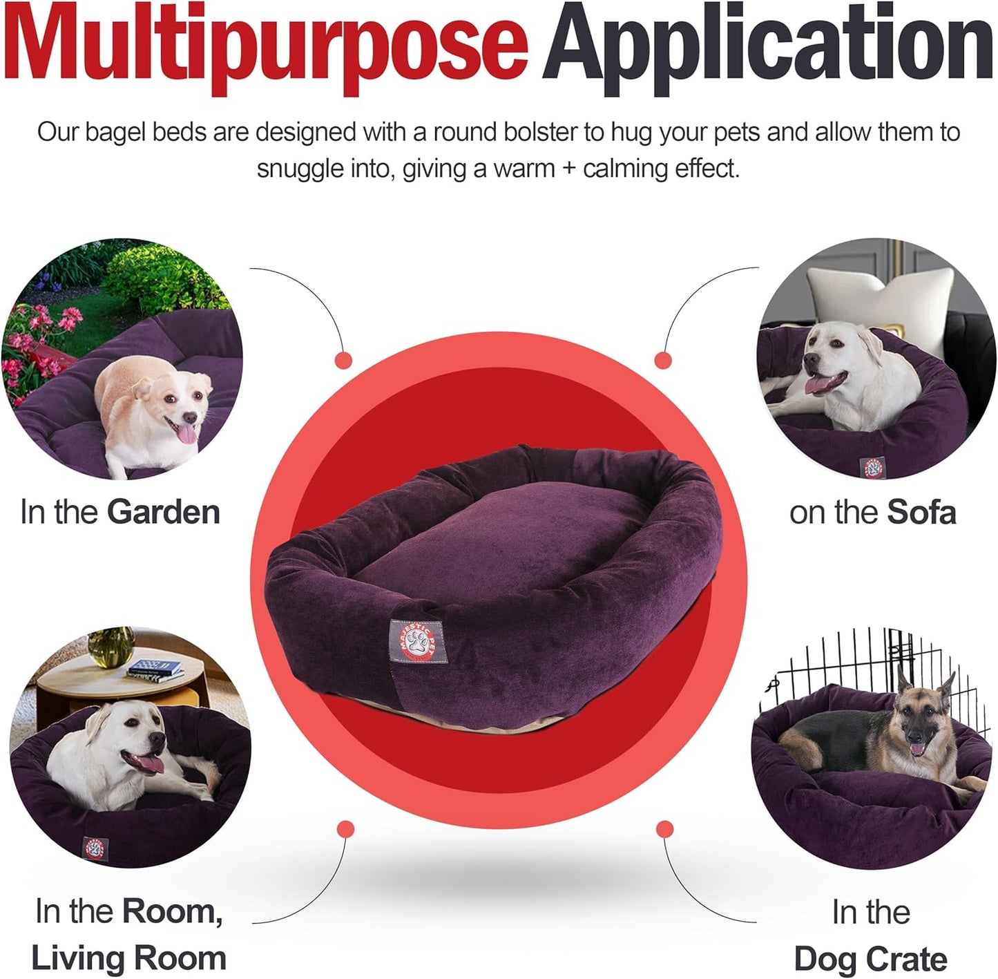 Majestic Pet 40 Inch Micro Velvet Calming Dog Bed Washable 40x29x9 (inch) – Cozy Soft Round Donut Dog Bed with Spine for Head Support - Pet Bed Large – Aubergine - Pet Explorer