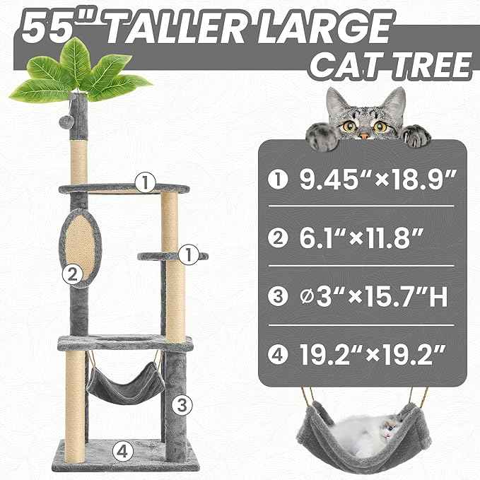 55 Inch Large Cat Tree Tower for Indoor Cats with Hammock Green Leaves Sisal Scratching Post, Plush Hang Ball Play Furniture for Kittens & Adult Cats,Grey