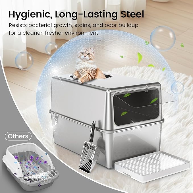 Stainless Steel Litter Box with Metal Lid and Scoop - Enclosed Metal Litter Box for Large Cats, Rust-Resistant, Odor-Control, Easy to Clean, Dog-Proof with Round Edge (Front Entry)