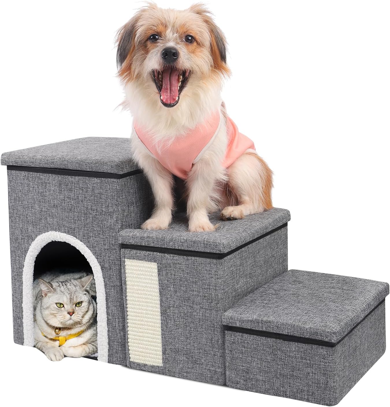 Dog Stairs for High Bed and Couch, 4 IN 1 Foldable Pet Stairs for Cats & Small and Medium Dogs, Adjustable Dog Steps with Pet Climbing Ladders/Cozy Condo/Storage Boxes/Cat Scratcher, Hold Up to 180LBS - Pet Explorer