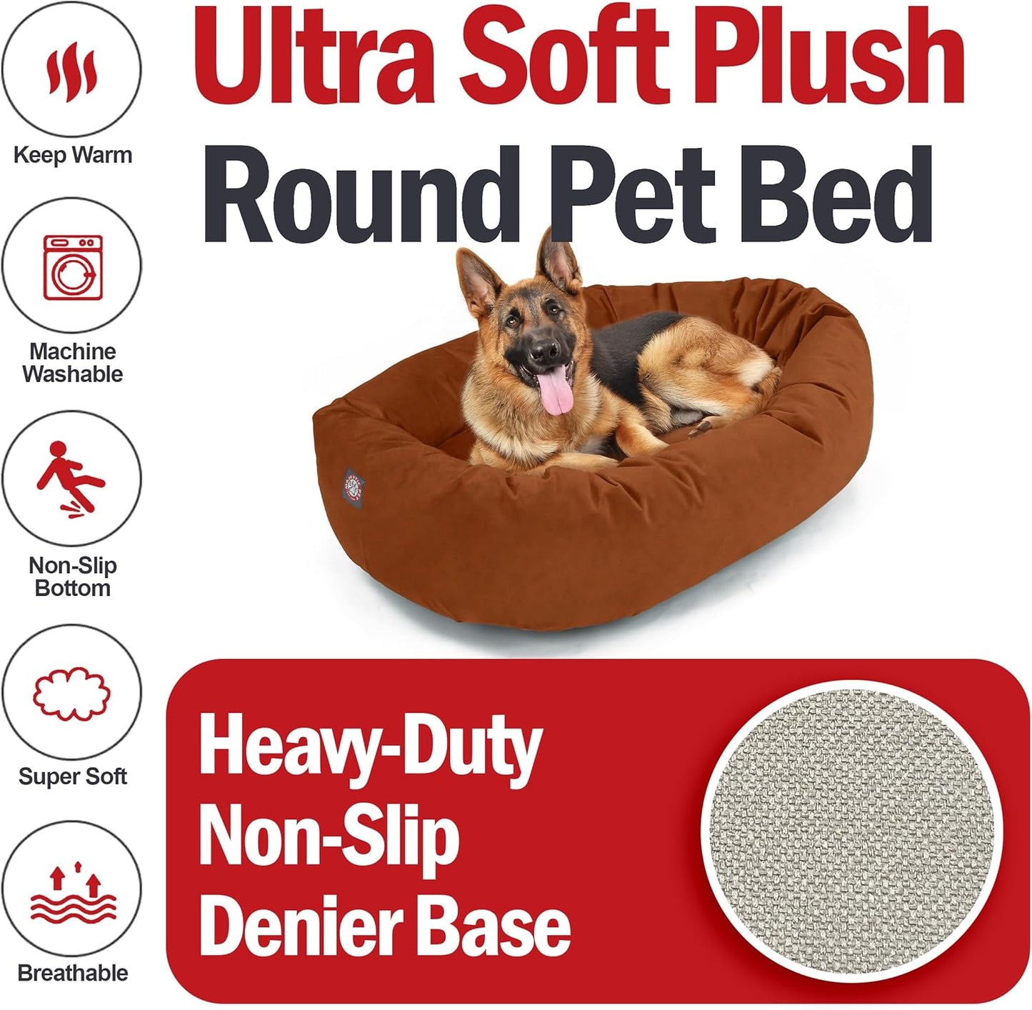 Majestic Pet 52 Inch Suede Shredded Memory Foam Mix Calming Extra Large Dog Bed Washable 52 x 35 x 11 (Inch) - Cozy Soft Round Donut Dog Bed with Spine for Head Support - Pet Bed Rust - Pet Explorer