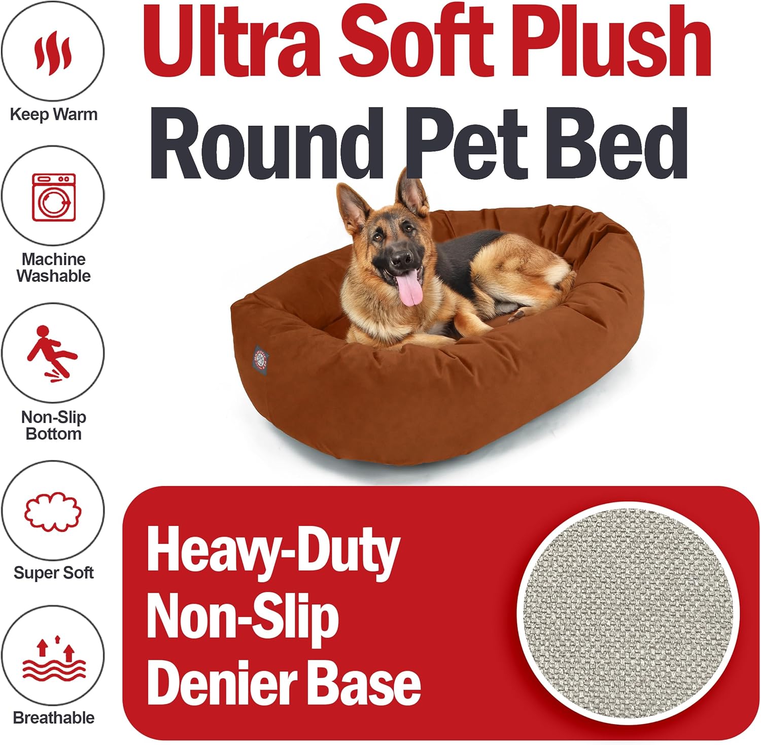 Majestic Pet 52 Inch Suede Shredded Memory Foam Mix Calming Extra Large Dog Bed Washable 52 x 35 x 11 (Inch) - Cozy Soft Round Donut Dog Bed with Spine for Head Support - Pet Bed Rust - Pet Explorer