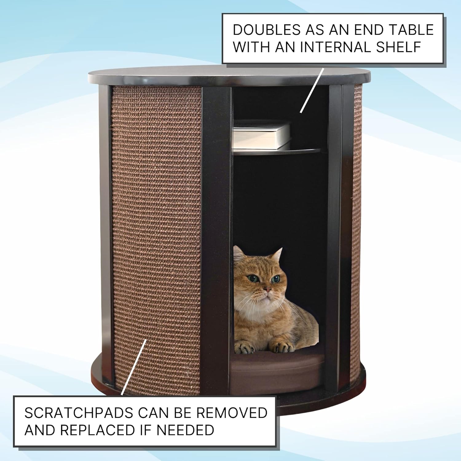 THE REFINED FELINE Purrrrfect End Table Cat Bed Cave in Black Espresso, Multipurpose Wood Cat Furniture Nightstand, Easy to Clean Covered Cat Bed with Replaceable Scratching Post & Washable Cushion - Pet Explorer