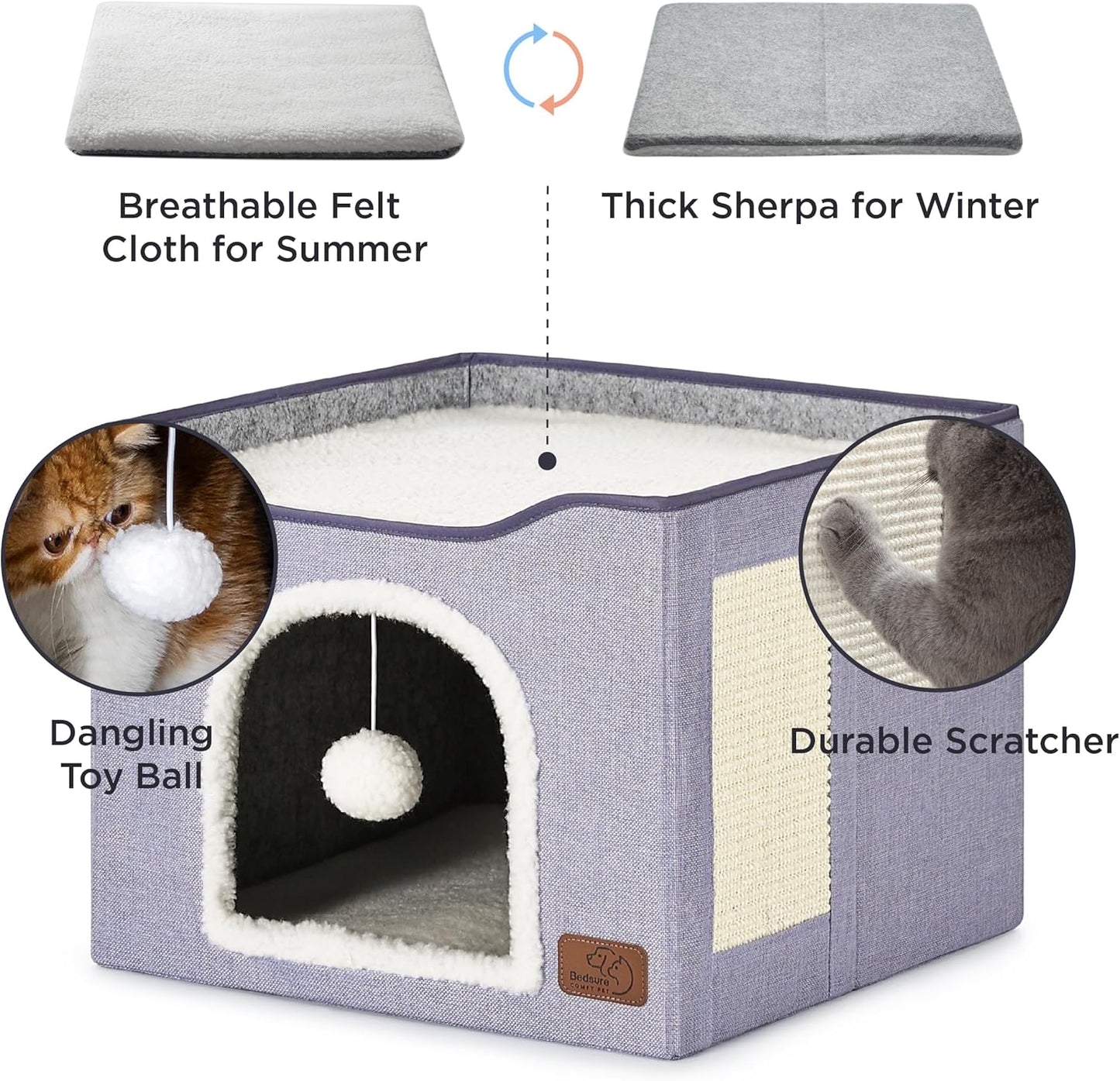 Bedsure Cat Beds for Indoor Cats - Large Cat Cave for Pet Cat House with Fluffy Ball Hanging and Scratch Pad, Foldable Cat Hideaway, 16.5x16.5x13 inches, Cloud Purple - Pet Explorer