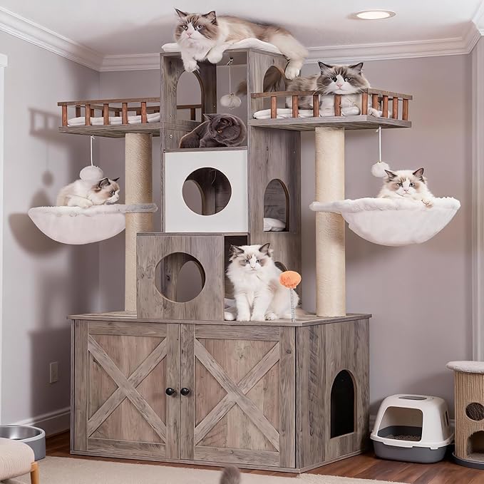 Heybly Cat Tree with Litter Box Enclosure for Indoor Big Cat, Cat Tower for Large Cats 20lbs Heavy Duty, Modern Cat Condo Furniture with Scratching Posts, Rustic Gray HCT110SG