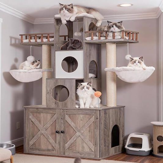 Heybly Cat Tree with Litter Box Enclosure for Indoor Big Cat, Cat Tower for Large Cats 20lbs Heavy Duty, Modern Cat Condo Furniture with Scratching Posts, Rustic Gray HCT110SG