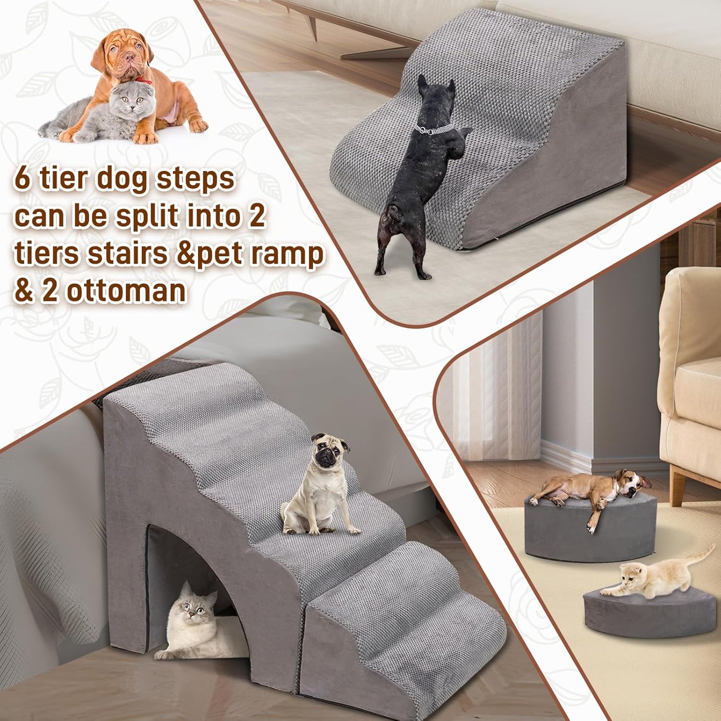 Foam Dog Stairs & Steps Ramps for High Beds 30 inches Tall for Small Dogs and Cats, LitaiL 6 Step Pet Stairs Steps for High Beds 30 inch Large Dogs, Non-Slip Dog Ramps for Older Cat - Pet Explorer
