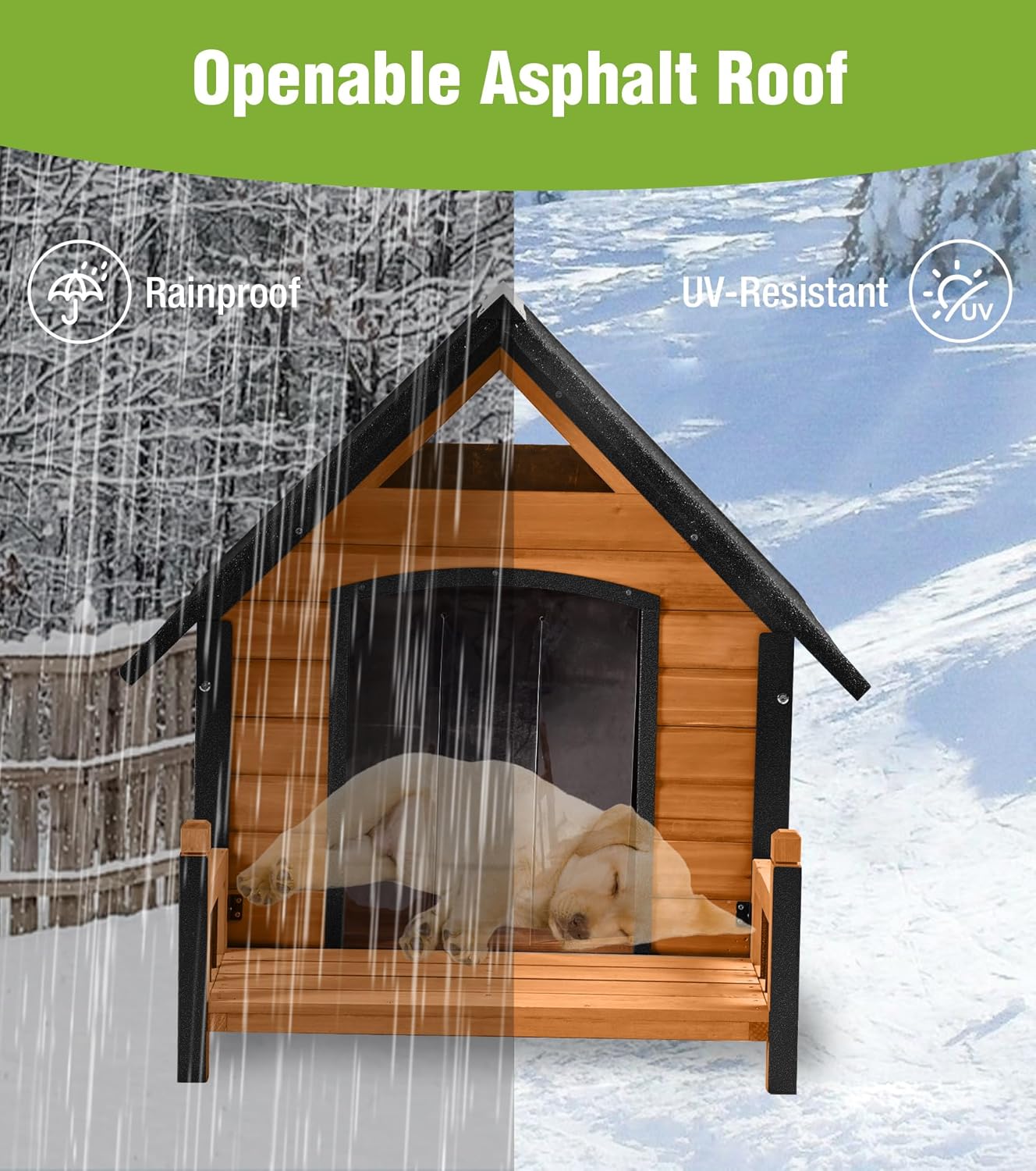 GUTINNEEN Insulated Dog House Outdoor, Waterproof Dog Kennel with Anti-Bite Design, Asphalt Roof, Elevated Base, PVC Curtain, for Small to Medium Dogs - Brown - Pet Explorer