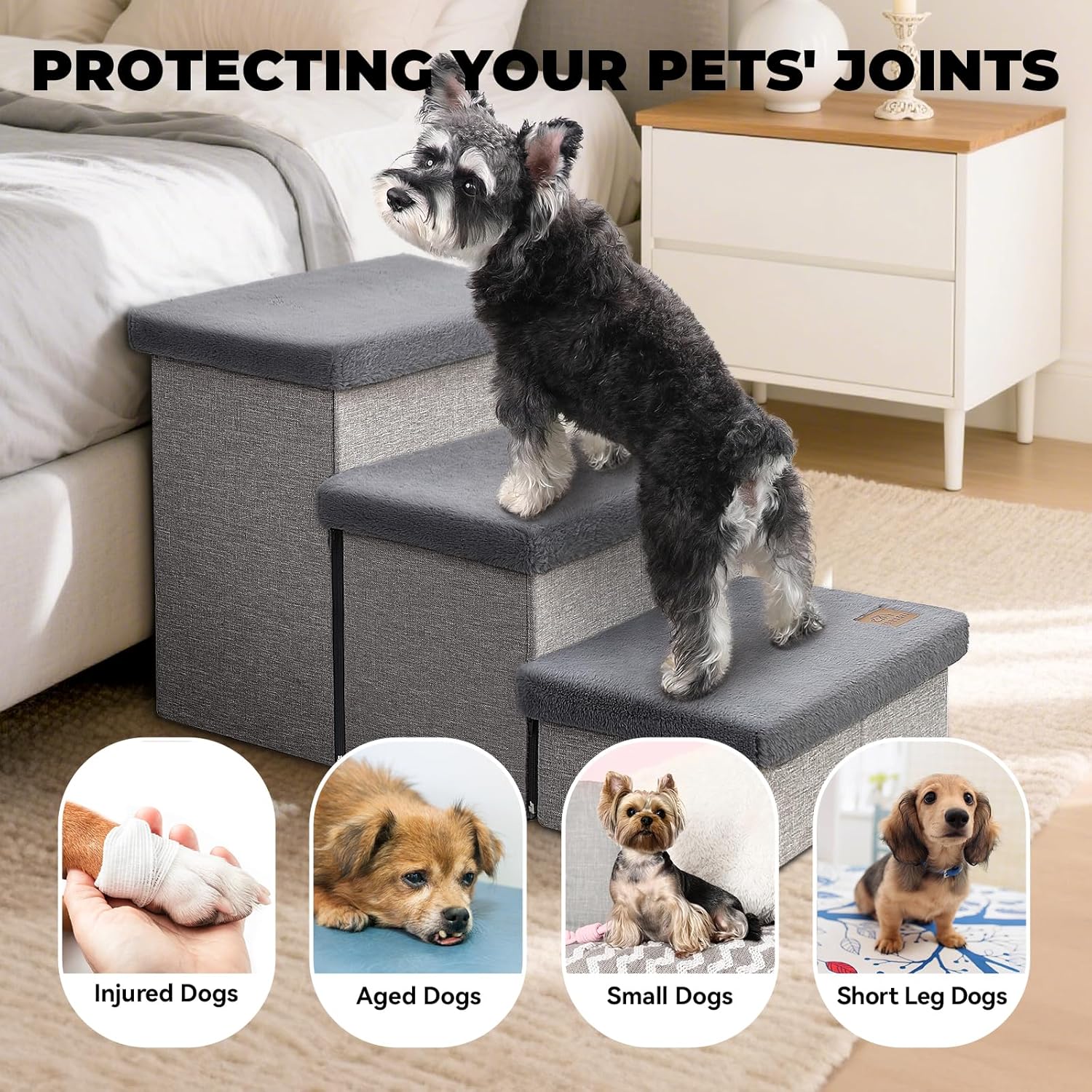 Dog Stairs with Furry Lids 18" H, 3-Step Wider Dog Steps with Storage for Small/Medium/Large Old Dogs Cats, Folding Sturdy Pet Stairs Climbing Bed Couch, Ramp for Car Hold Up to 200 lbs, Grey - Pet Explorer