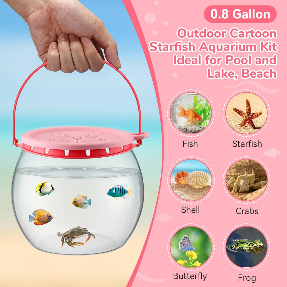 Saillong Catch and Release Plastic Small Bowl Kit, Portable Clear and Transparent Fish Bowl for Ocean Adventure, 0.8 Gallon Outdoor Cartoon Starfish Bucket Kit Ideal for Pool and Lake, Beach - Pet Explorer