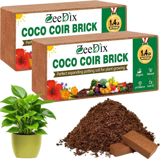 ZeeDix 2 Pcs Coco Coir Brick- 100% Organic Coconut Coir for Garden Soil & Potting Mix, Low EC and pH Balance, Compressed Coconut Husk Fiber for Seed Starter Soil for Indoor Outdoor Plants - Pet Explorer