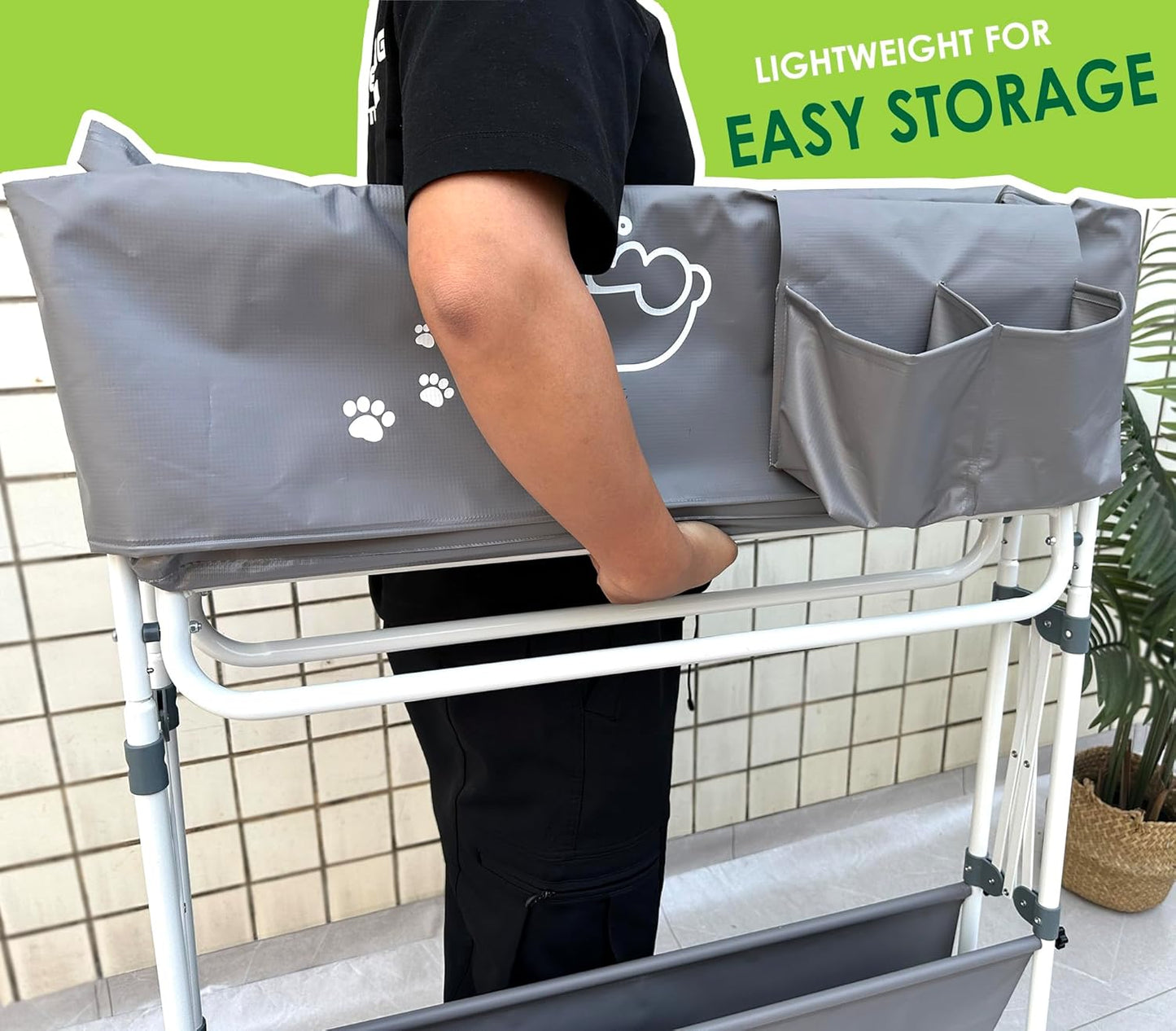 Elevated Dog Bathtub, Portable Dog Washing Station for Home with Towel Bar & Storage, Folding Pet Bath Tub for Small & Medium Dogs - Pet Explorer
