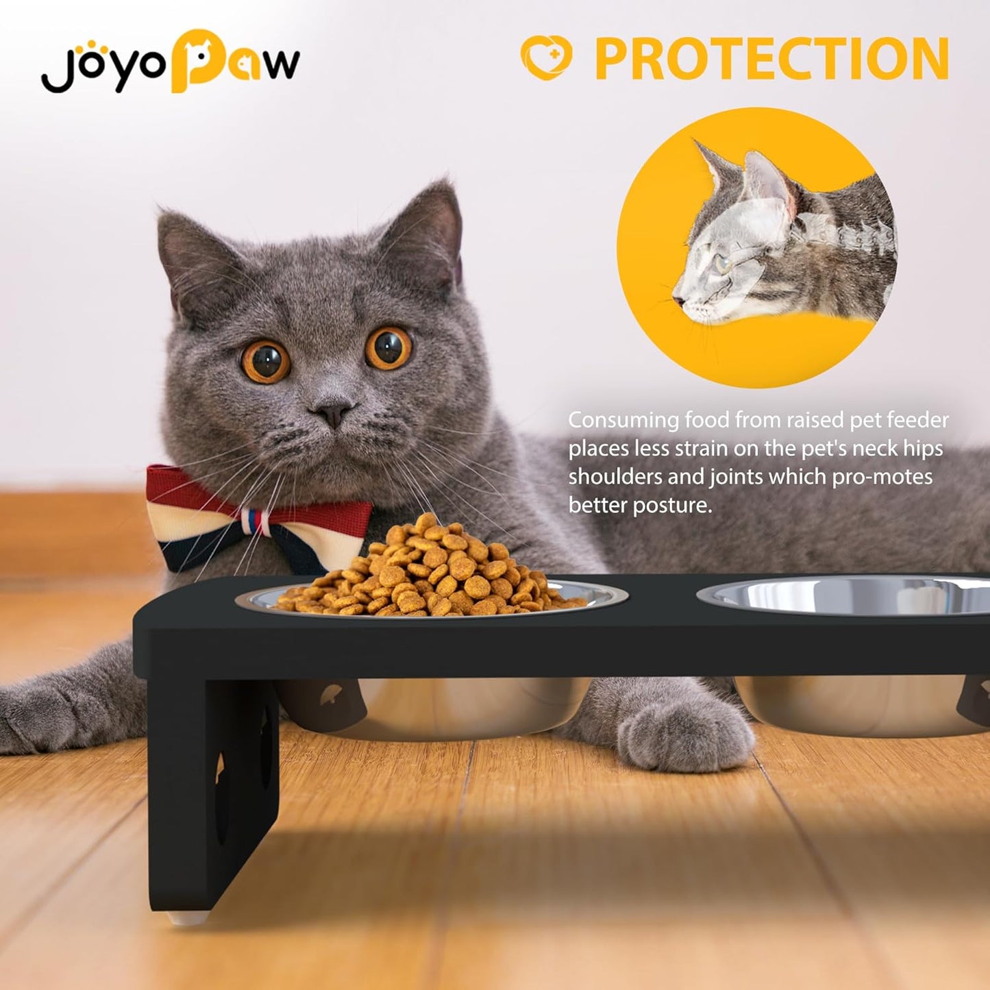 Elevated Dog Bowls, Bamboo Raised Dog Bowl for Small Dogs & Cats, with 2 Stainless Steel Bowls (4'' Tall-20oz Bowl, Black) - Pet Explorer