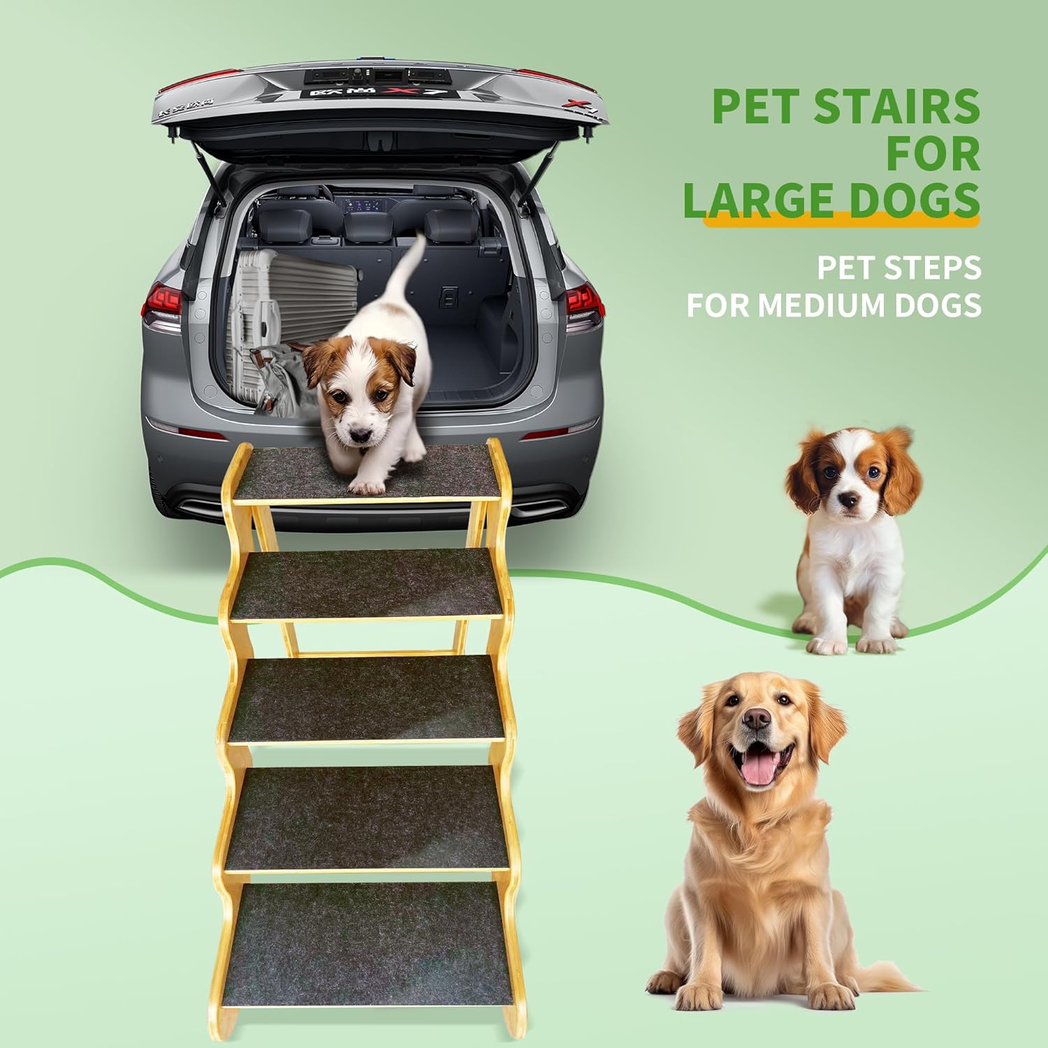 Dog Steps for Bed,24 Inches 5 Step Dog Stairs for Senior Pets to Get On 30 Inches High Beds/Car,Made of Bamboo Can Support Large Dogs Weighing Up to 160 LB - Pet Explorer