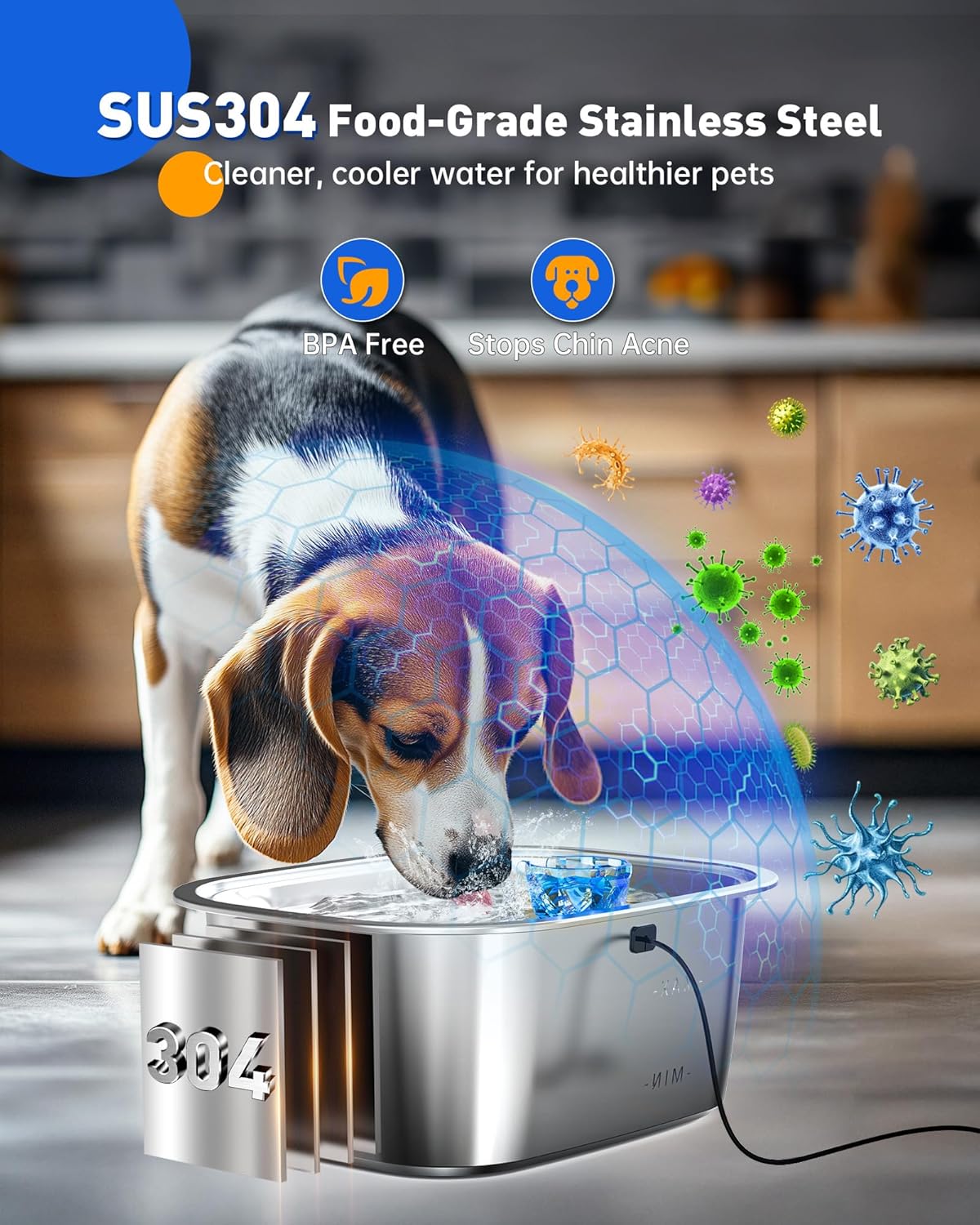Dog Water Fountain for Large Dogs Stainless Steel, 3Gal Extra Large Dog Water Bowl Dispenser with 2 Filters & Visual Window, Automatic Filtered Pet Fountain Indoor, Quiet Safe Pump with LED Indicator - Pet Explorer