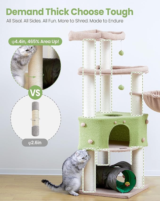 Heavy Duty Cat Tree for Large Cats Adult - 60 Inch XXL Sturdy Cat Tower Condo with Extra Wide Scratching Posts (φ4.4in) Big Cat House Hammock Perch - Indoor Wood Modern Multi Level Corner Cat Bed