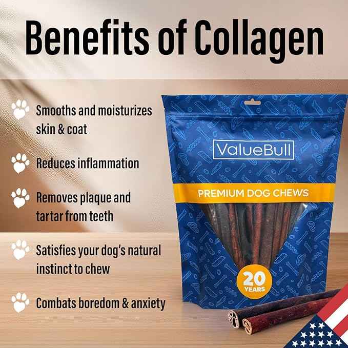 ValueBull USA Collagen Sticks for Dogs, 12 Inch Jumbo Chews, Natural Long-Lasting Dog Treats, 50 Count Bulk Pack - Promotes Joint, Skin & Coat Health with Glucosamine and Chondroitin