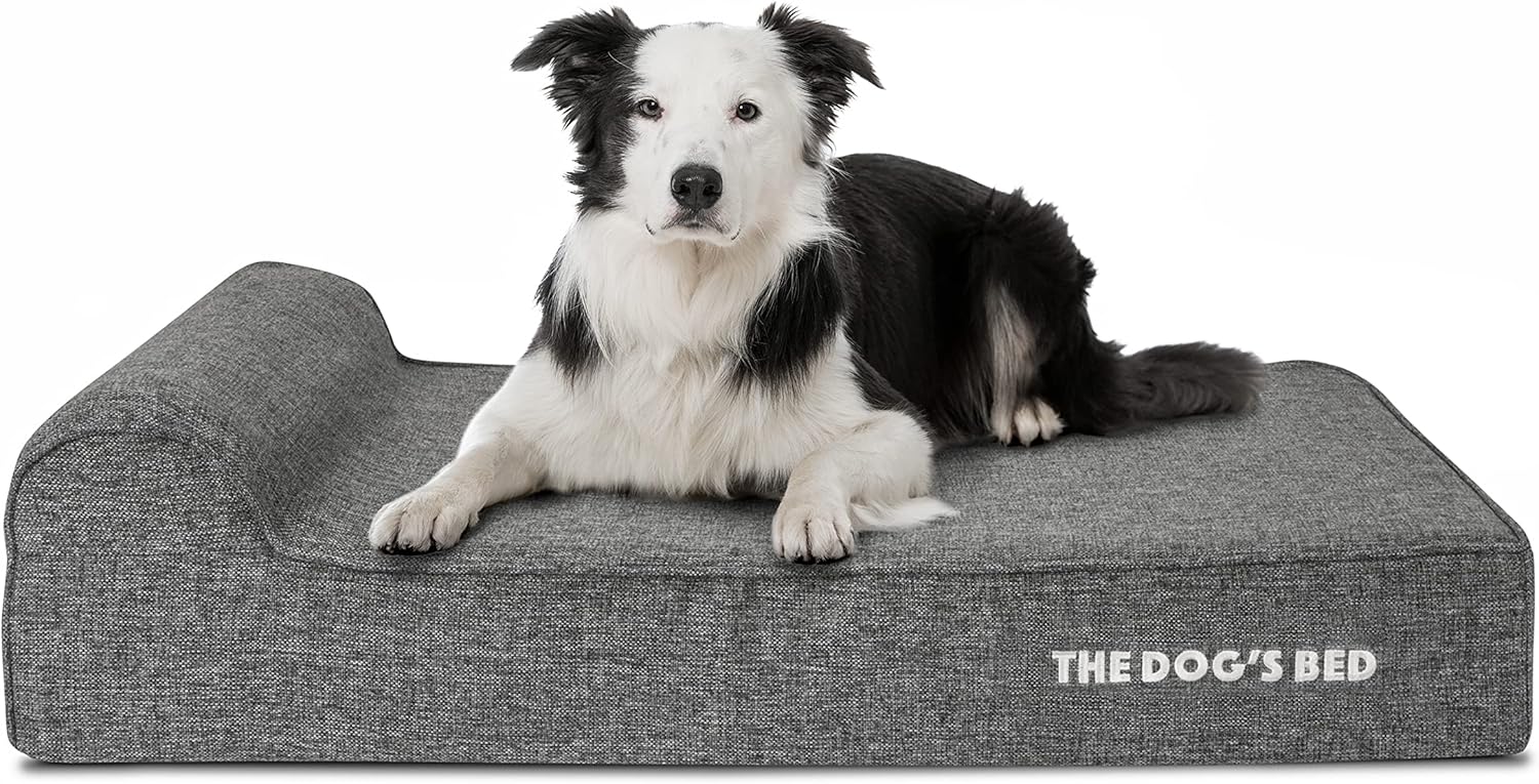 The Dog’s Bed Orthopedic Headrest Dog Bed, Large Grey Linen 40x25, Memory Foam, Pain Relief for Arthritis, Hip & Elbow Dysplasia, Post Surgery, Lameness, Veterinary Approved, Waterproof Washable Cover - Pet Explorer