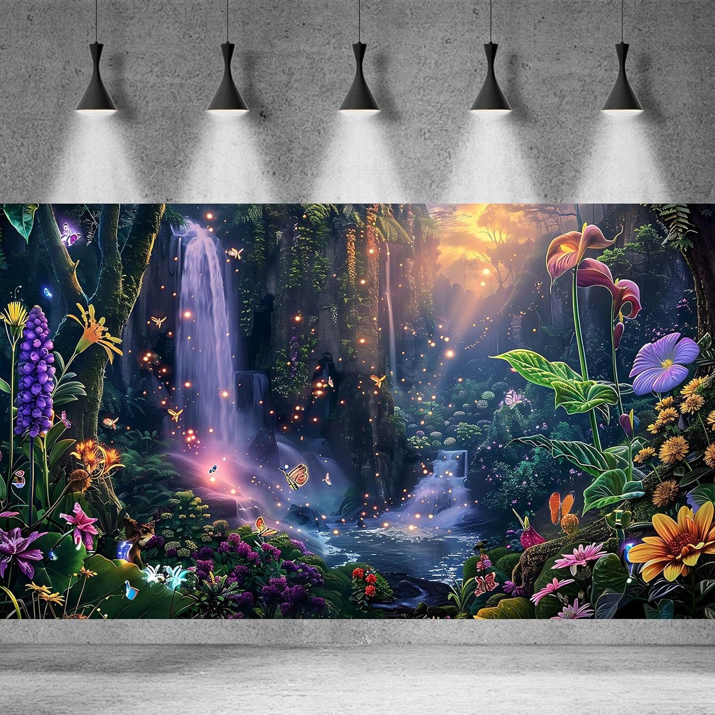 Fantasy Garden Aquarium Background Sunset Waterfall and Flowers Terrarium Backdrop Tropical Forest Lush Plant Magic Butterfly Lights Flowers Fish Tank Background Poster Decorations 72x24in - Pet Explorer