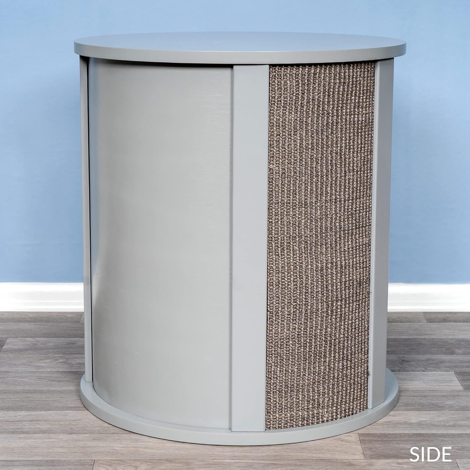 THE REFINED FELINE Purrrrfect End Table Cat Bed Cave in Smoke Gray, Multipurpose Wood Cat Furniture Nightstand, Easy to Clean Covered Cat Bed with Replaceable Scratching Post & Washable Cushion - Pet Explorer