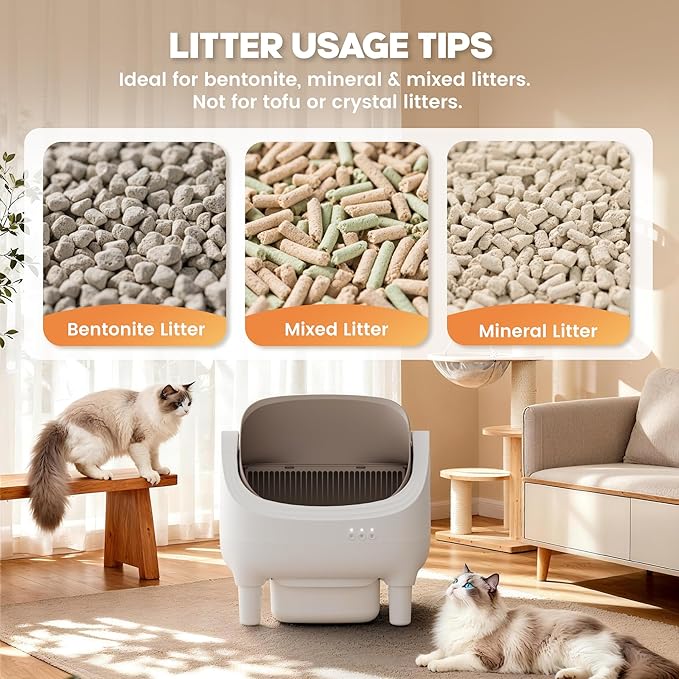 Greesum Self Cleaning Cat Litter Box – Automatic Open-Top Smart Litter Box with App Control, 15L Odor-Sealed Waste Bin, Ultra Quiet 35dB, Multi-Cat & Large Cat Compatible, with Trash Bags & Mat