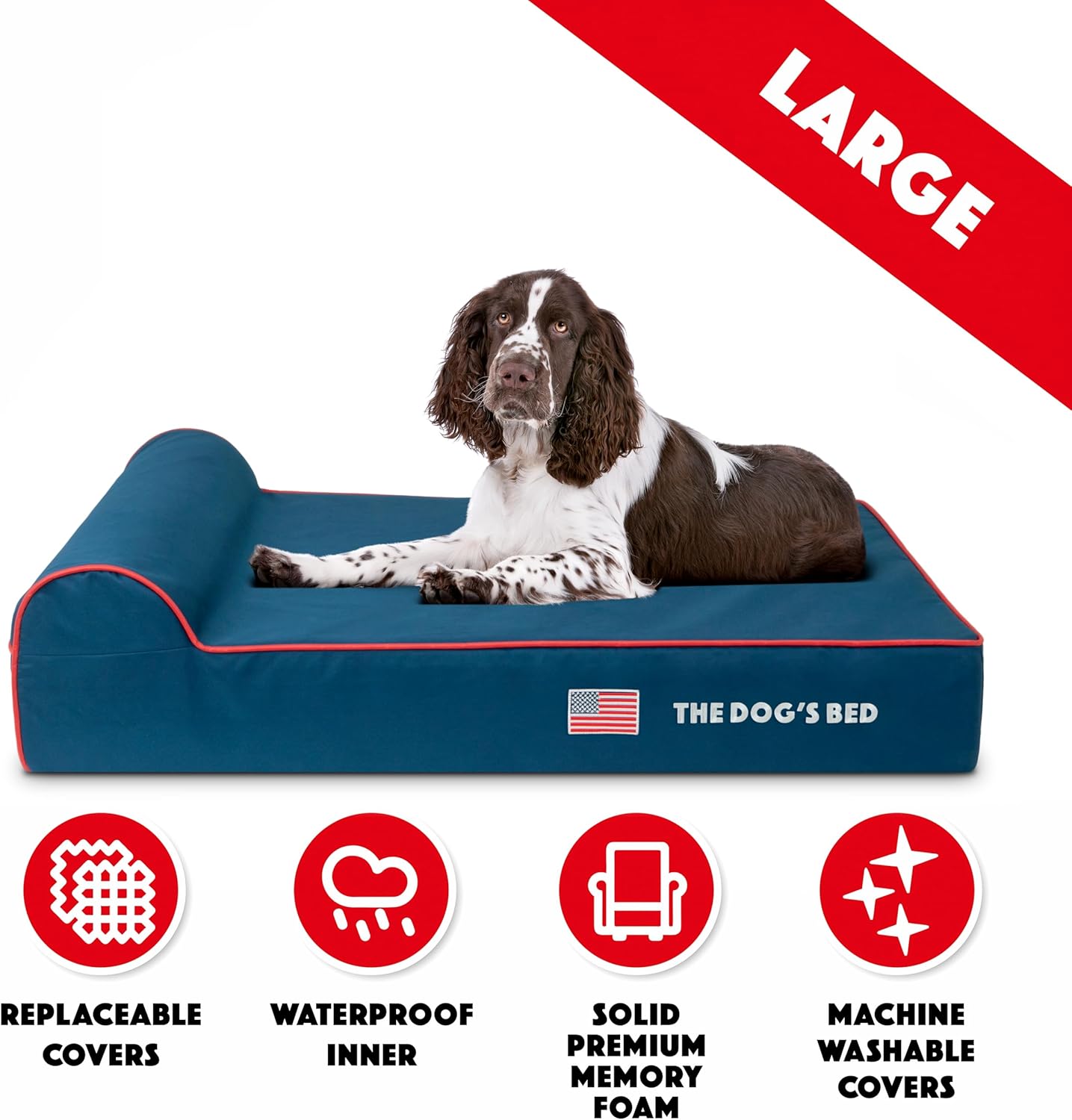 The Dog’s Bed Orthopedic Headrest Dog Bed Large Blue Oxford with Red Trim US Flag Dog Bed 40x25, Memory Foam, Hip & Elbow Dysplasia, Lameness, Veterinary Approved, Waterproof Washable Cover - Pet Explorer