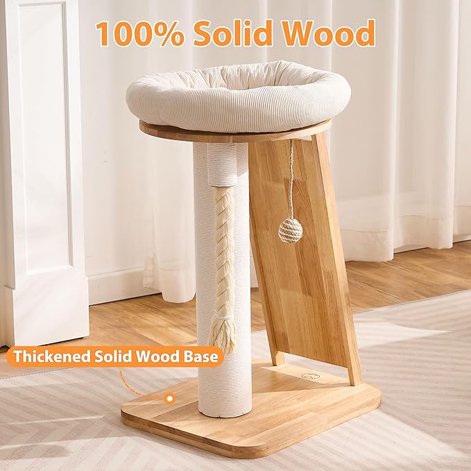 Modern Cat Tree Small Tower with Scratching Post for Indoor, Solid Wood Multifunctional Corner Cat Tree Tower with Bed, Dangling Ball,Interactive Rope, Scratching Board