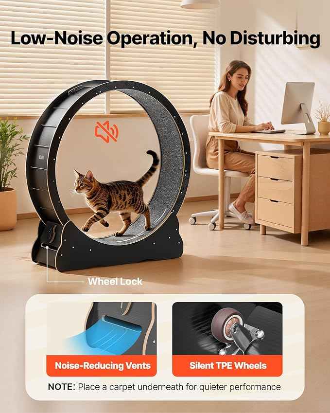 VEVOR Cat Exercise Wheel, 48 in Wooden Cat Running Wheel for Indoor Cats up to 28 lbs, Cats Treadmill with Carpeted Runway & Locking Mechanism, Quiet Kitten Sport Toys for Pets Fitness & Health, Black