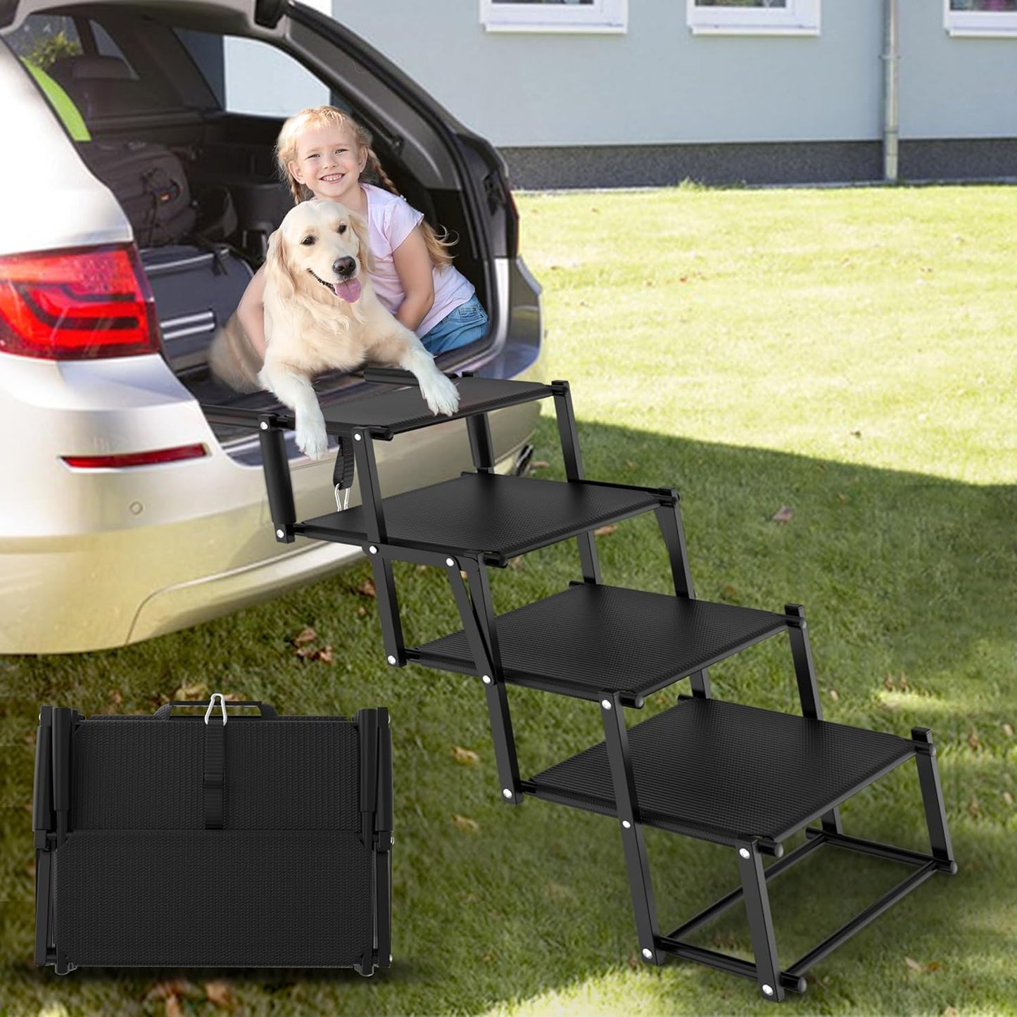 Extra Wide Dog Stairs for Large Dogs, Foldable Dog Ramp for Car with Non-Slip Surface, Lightweight Dog Stairs for Cars, Dog Steps for Cars, SUV, High Beds, Truck, Supports up to 250 lbs, 4 Steps - Pet Explorer
