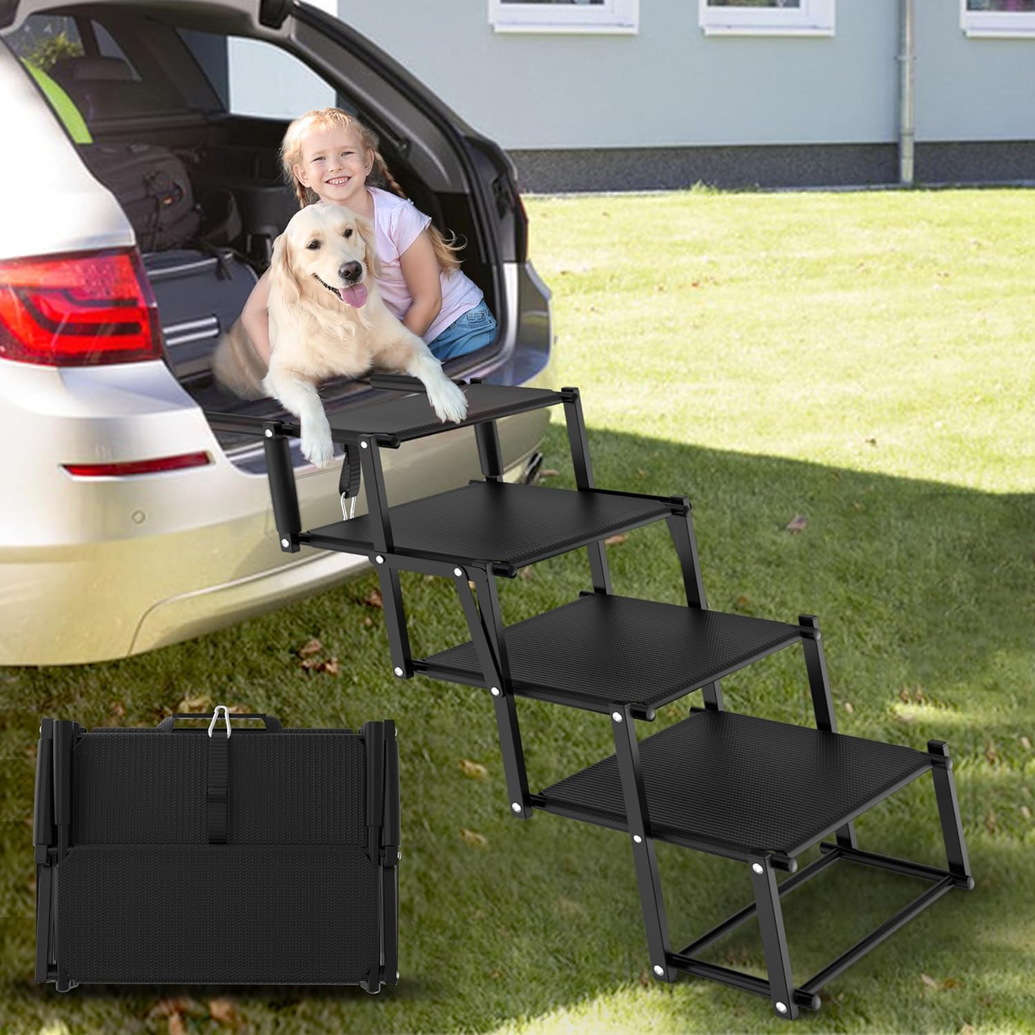 Extra Wide Dog Stairs for Large Dogs, Foldable Dog Ramp for Car with Non-Slip Surface, Lightweight Dog Stairs for Cars, Dog Steps for Cars, SUV, High Beds, Truck, Supports up to 250 lbs, 4 Steps - Pet Explorer