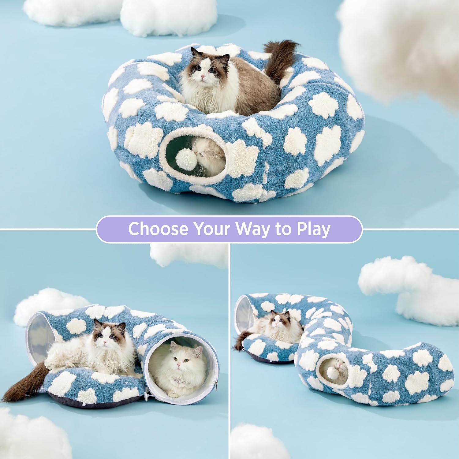 Lesure Cat Tunnel Bed for Indoor Cats - Cute Cat Donut Tunnel Toys for Small Large Cats with Washable Circle Cushion, Round Pet Peekaboo Cave Toy for Kitten/Puppy/Rabbit, Standard Blue - Pet Explorer