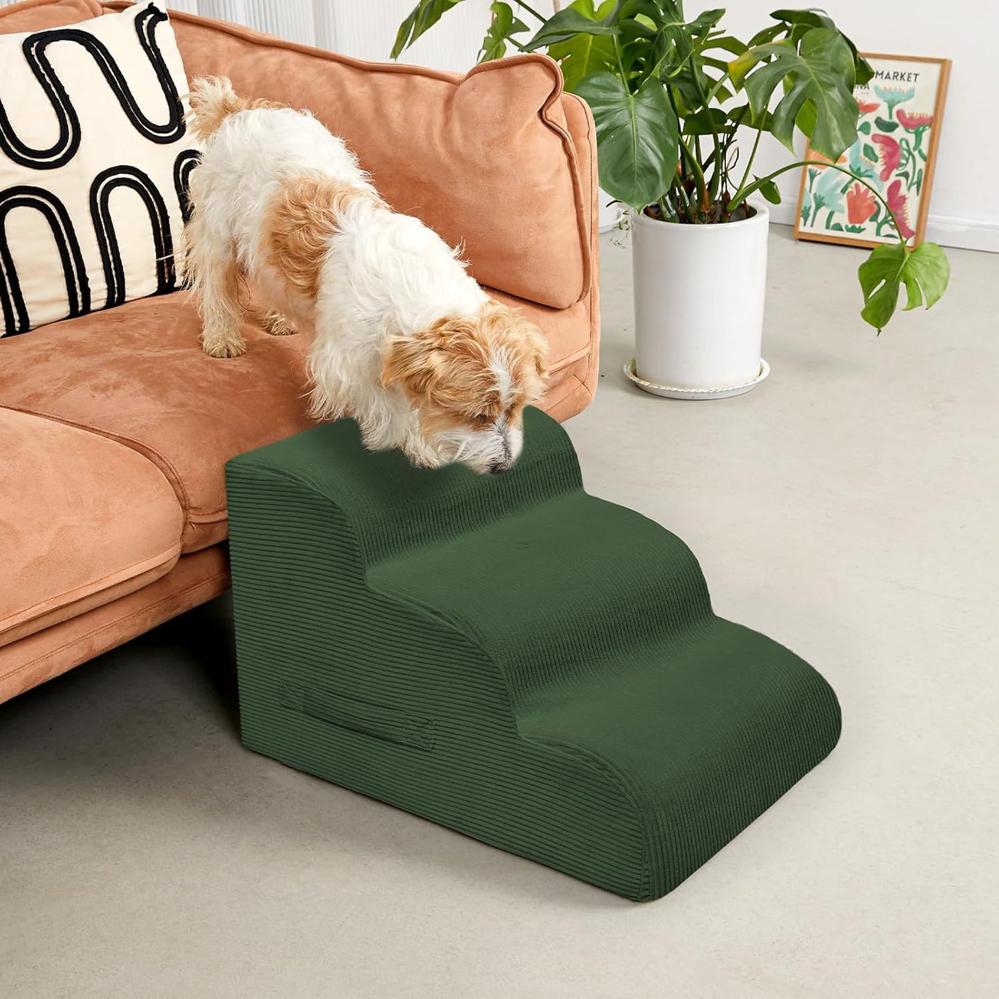 Dog Steps for Small Dogs, 3-Step Pet Ramp Stairs for High Beds and Sofa, Non-Slip Pet Stairs for Small Dogs and Cats, Removable and Easy to Clean Cover, Green - Pet Explorer