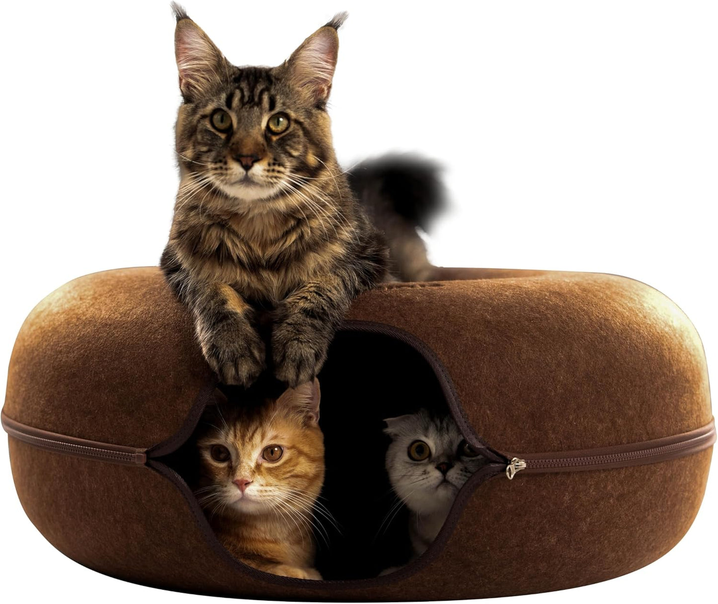 Cattasaurus Peekaboo Cat Cave for Multiple & Large Cats Up to 30-45 Lbs, Scratch Detachable & Washable Tunnel Bed, Comfy Donut Cat Cave (Brown, Jumbo) - Pet Explorer