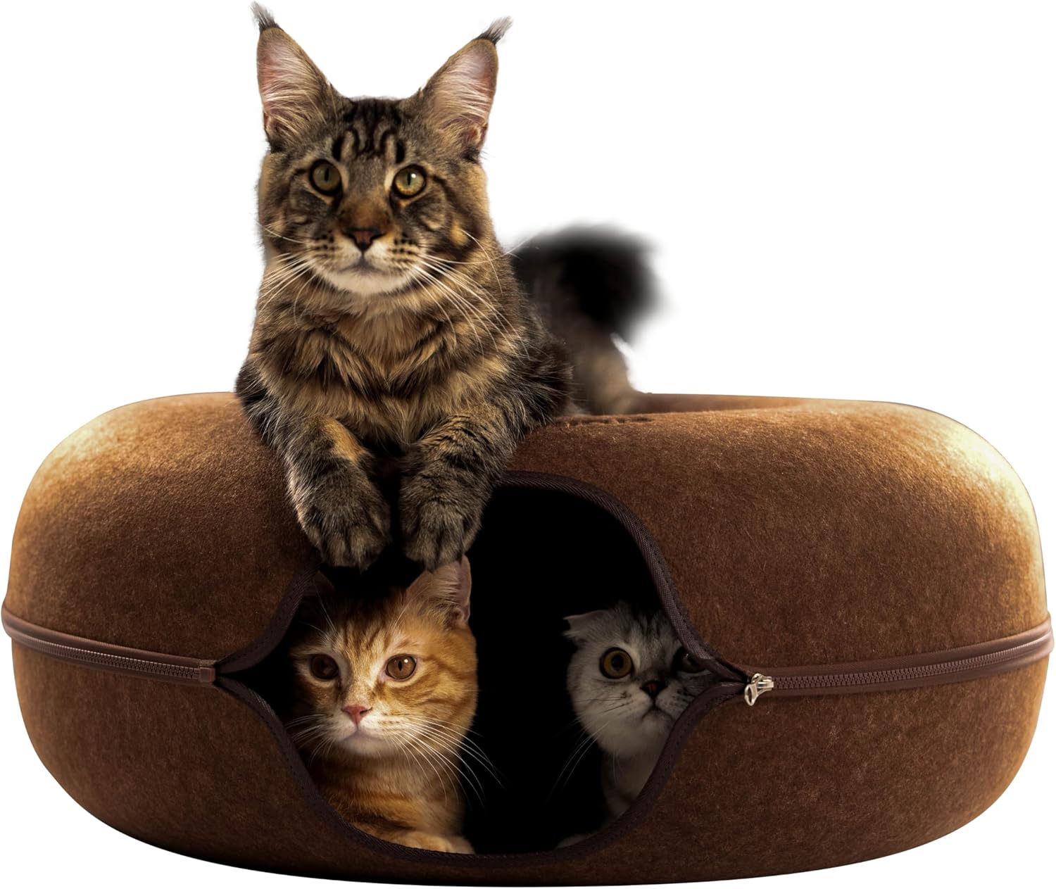 Cattasaurus Peekaboo Cat Cave for Multiple & Large Cats Up to 30-45 Lbs, Scratch Detachable & Washable Tunnel Bed, Comfy Donut Cat Cave (Brown, Jumbo) - Pet Explorer