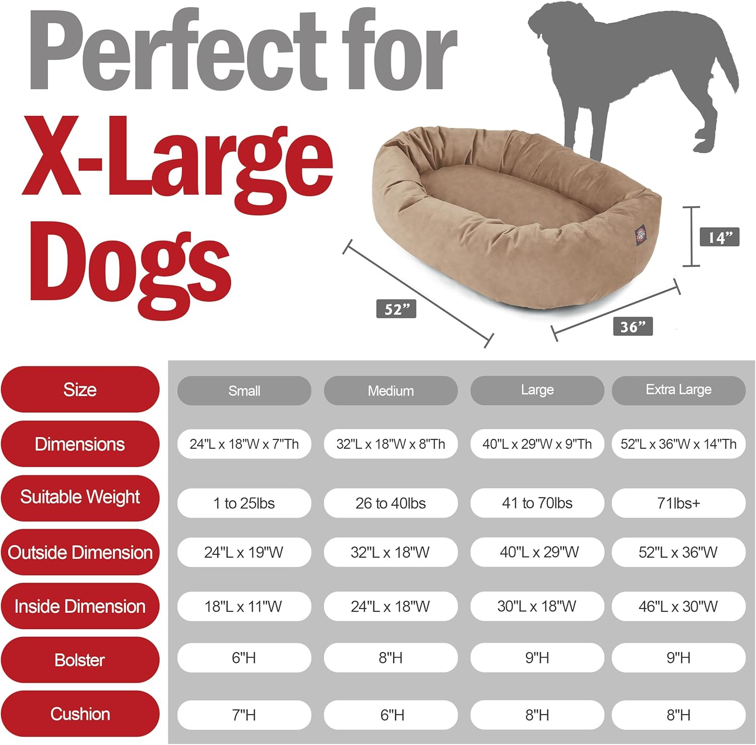 Majestic Pet 52 Inch Suede Shredded Memory Foam Mix Calming Extra Large Dog Bed Washable 52 x 35 x 11 (Inch) - Cozy Soft Donut Round Dog Bed with Spine for Head Support - Pet Bed Stone - Pet Explorer