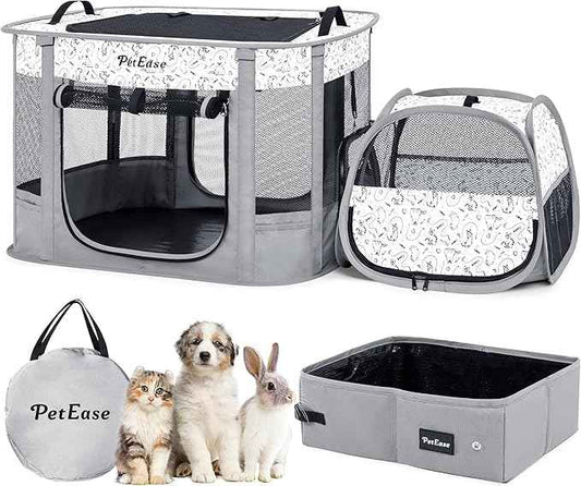 Portable Cat Playpen with Litter Box, Cat Enclosure for Camping, Cat Recovery Playpen After Surgery, Foldable Indoor Outdoor Pet Tent for Cats Rabbits Puppies (Light Gray)