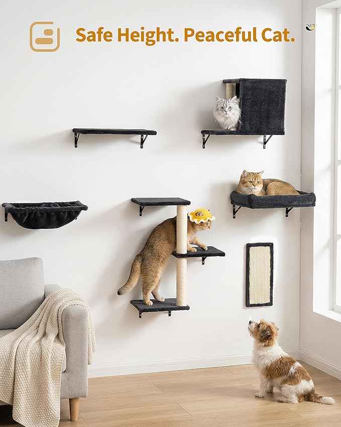 Cat Wall Shelves with Vertical Cat Scratcher, 17" × 11.9" Large Perch Bed and Hammock for Large Adult Cats, 6-in-1 Heavy Duty Cat Furniture Set for Indoor Cats