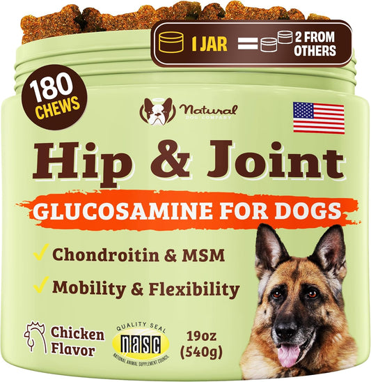 Natural Dog Company Hip & Joint Chews for Dogs with Glucosamine for Dogs + Chondroitin, MSM & Turmeric, Supports Mobility & Reduces Discomfort, Stiffness, Natural Pain Relief Joint Supplement. 180 Ct - Pet Explorer