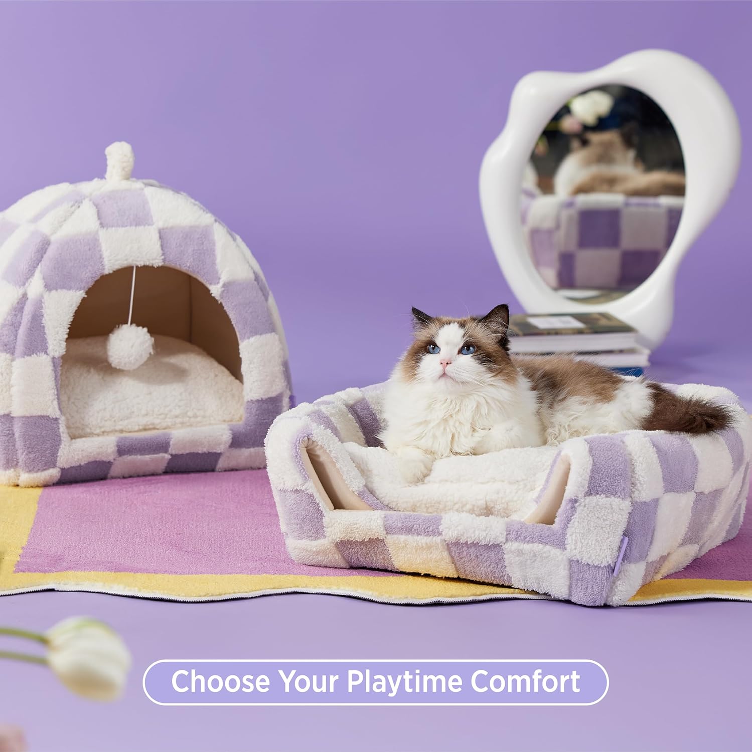 Lesure Cute Cat Beds for Indoor Cats - 2 in 1 Large Cat Cave Bed with Removable Washable Cushioned Pillow, Cozy Kitten with Non-Slip Bottom, Purple, 17.3 inches - Pet Explorer