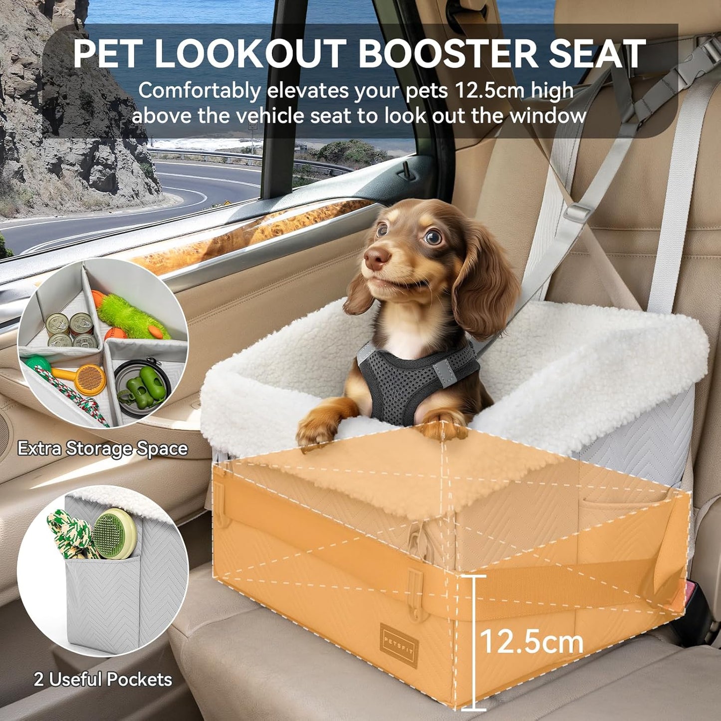 PETSFIT Small Dog Car Seat, Waterproof PU Leather Dog Booster Car Seat with Patented Safe Buckles, Pet Carseat for Medium or Small Sized Pets up to 30 lbs (Grey) - Pet Explorer