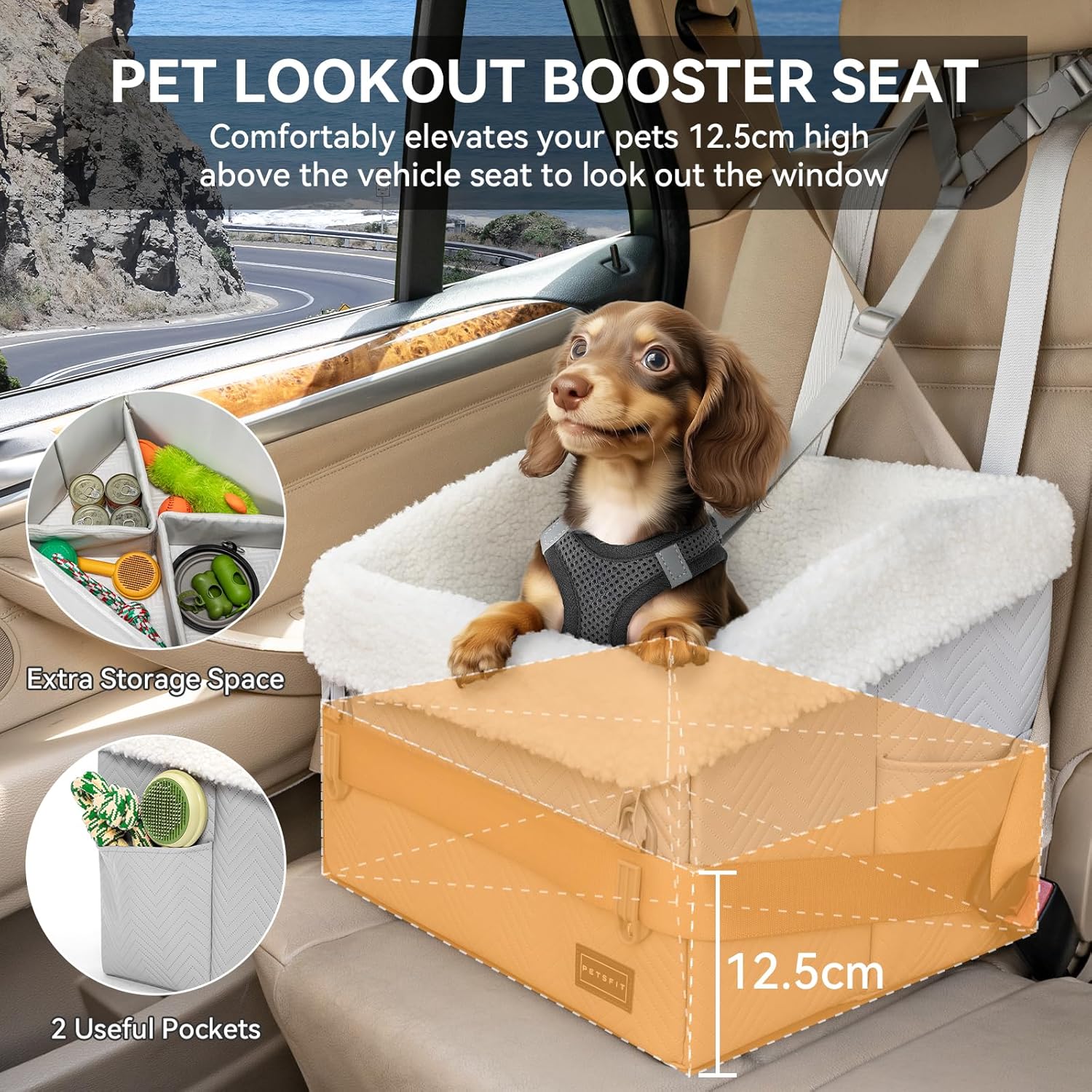 PETSFIT Small Dog Car Seat, Waterproof PU Leather Dog Booster Car Seat with Patented Safe Buckles, Pet Carseat for Medium or Small Sized Pets up to 30 lbs (Grey) - Pet Explorer