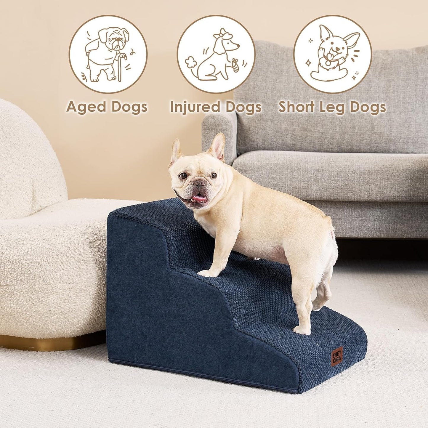 EHEYCIGA Curved Dog Stairs Ramp for Small Dogs 15.7" H, 3-Step Dog Steps for Couch Sofa and Chair, Pet Stairs for Cats, Non-Slip Balanced Pet Steps Indoor, Navy - Pet Explorer