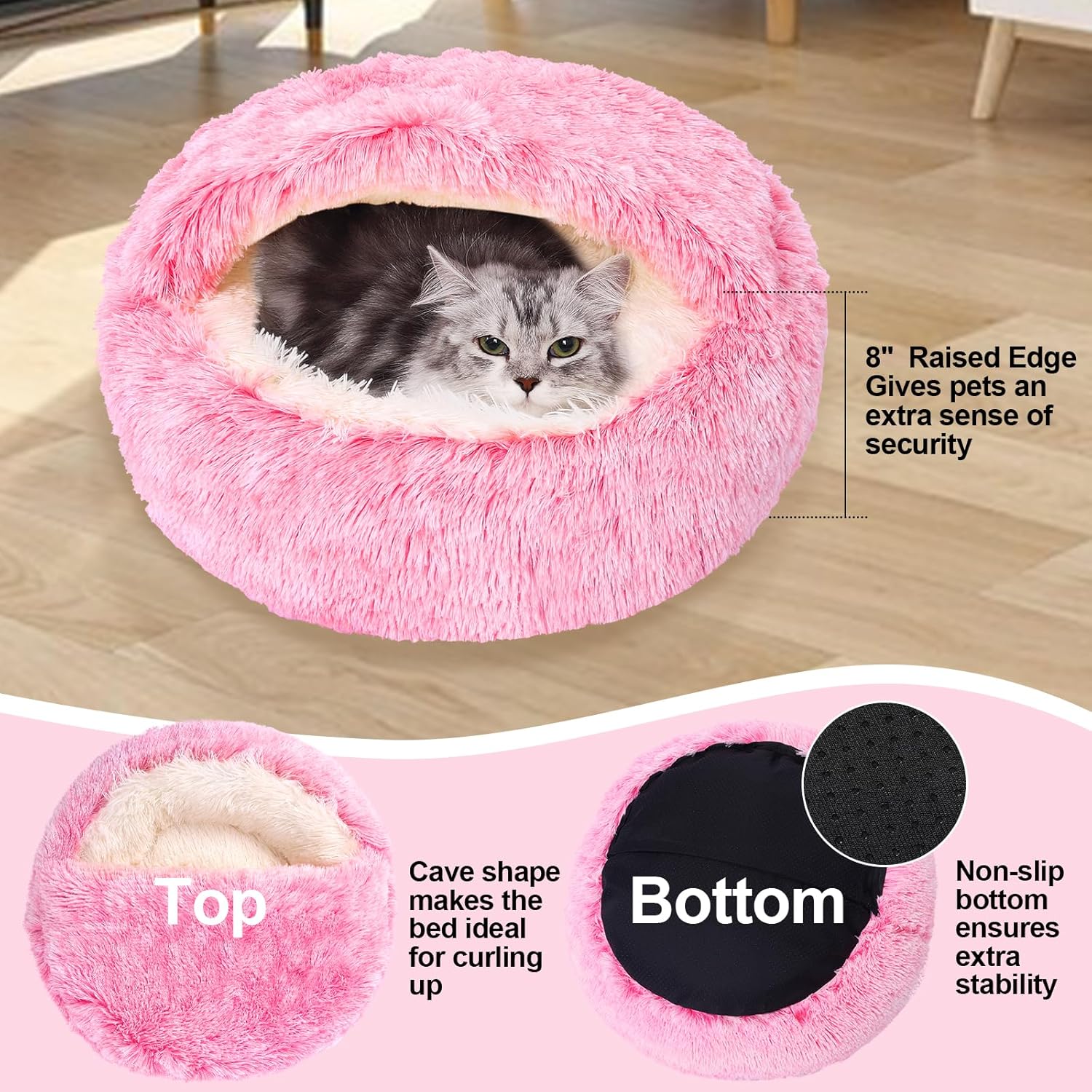 Calming Dog Beds with Hooded Cat Cave Cover - Removable, Washable Round Beds for Small to Medium Pets, Anti-Slip Faux Fur Fluffy Cover for Improved Sleep - Fits up to 15/25 lbs (Pink, M) - Pet Explorer