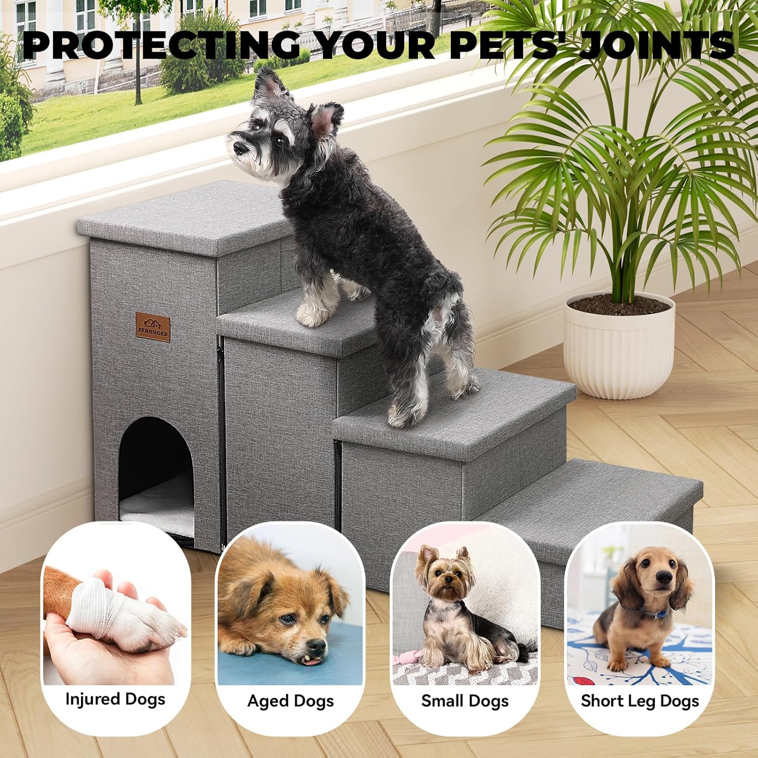 Dog Stairs 23" H, 4-Step Wider Dog Steps for High Beds Window, Folding Storage Pet Stairs Gift for Small/Medium/Large Old Dogs Cats, Ramp for Climbing Car Up to 200 lbs (Gray, with Condo) - Pet Explorer
