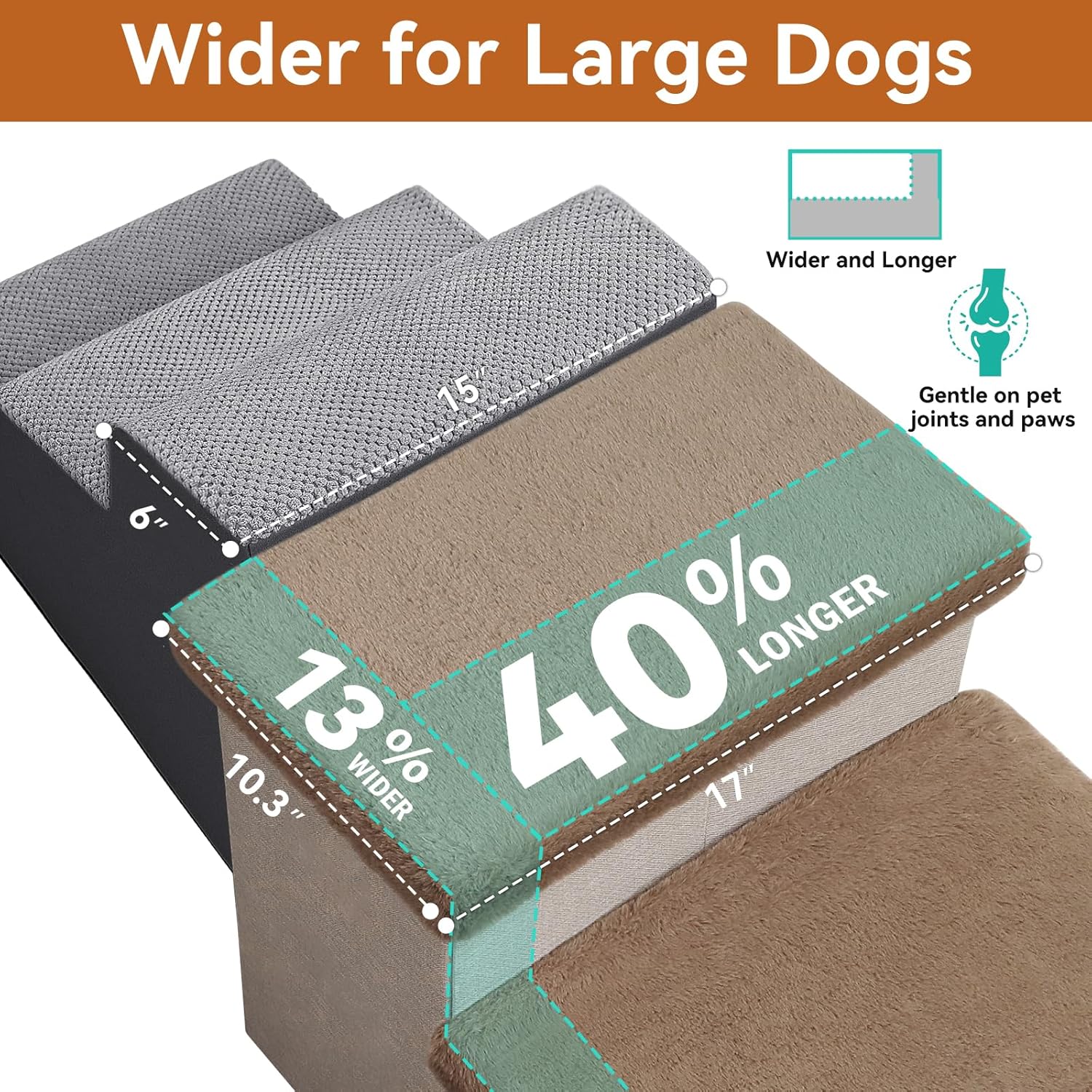 Dog Stairs with Furry Lids 18" H, 3-Step Wider Dog Steps with Storage for Small/Medium/Large Old Dogs Cats, Folding Sturdy Pet Stairs Climbing Bed Couch, Ramp for Car Up to 200 lbs, Khaki - Pet Explorer