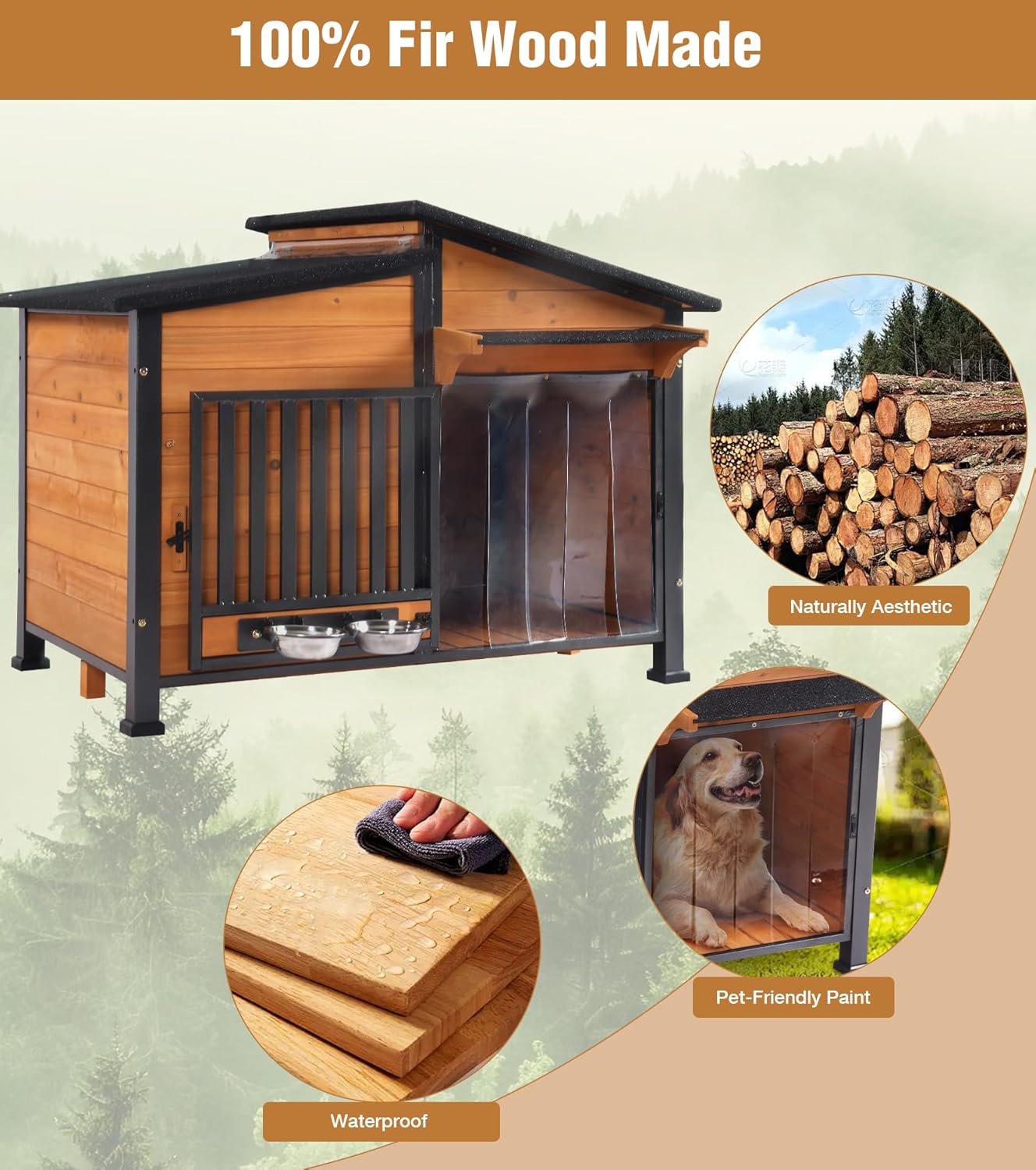 GUTINNEEN Dog House Outdoor with Anti-Chewing Metal Frame, Wooden Dog Kennel with 360° Rotating Feeding Bowl, Weatherproof Roof, for Indoor & Outdoor Use - Natural Wood Color - Pet Explorer