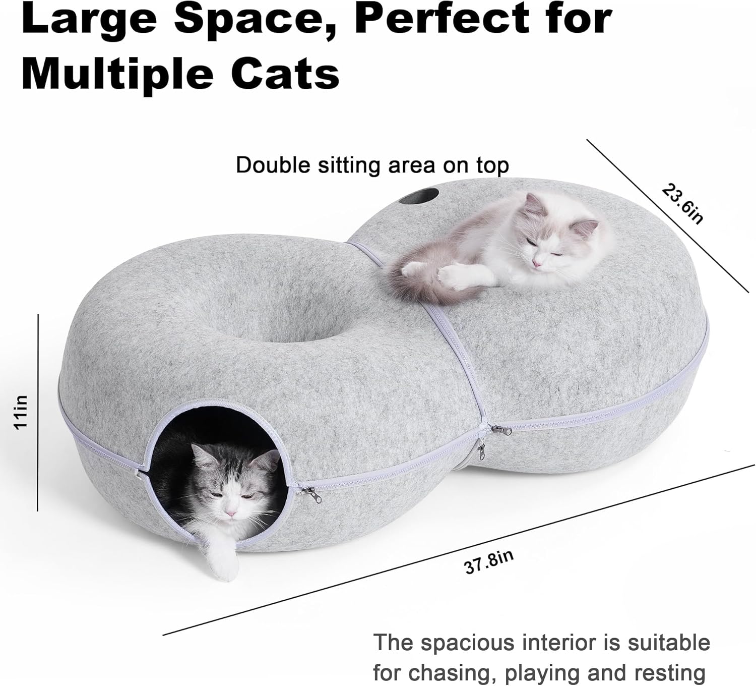 8-Shaped Large Cat Tunnel Bed for Indoor Cats, Infinite Circulation Peekaboo Cat Cave with 12 Toy Balls, Cat Donut Tunnel for Cats up to 30 Pounds (Light Grey, L 38x24x11in) - Pet Explorer