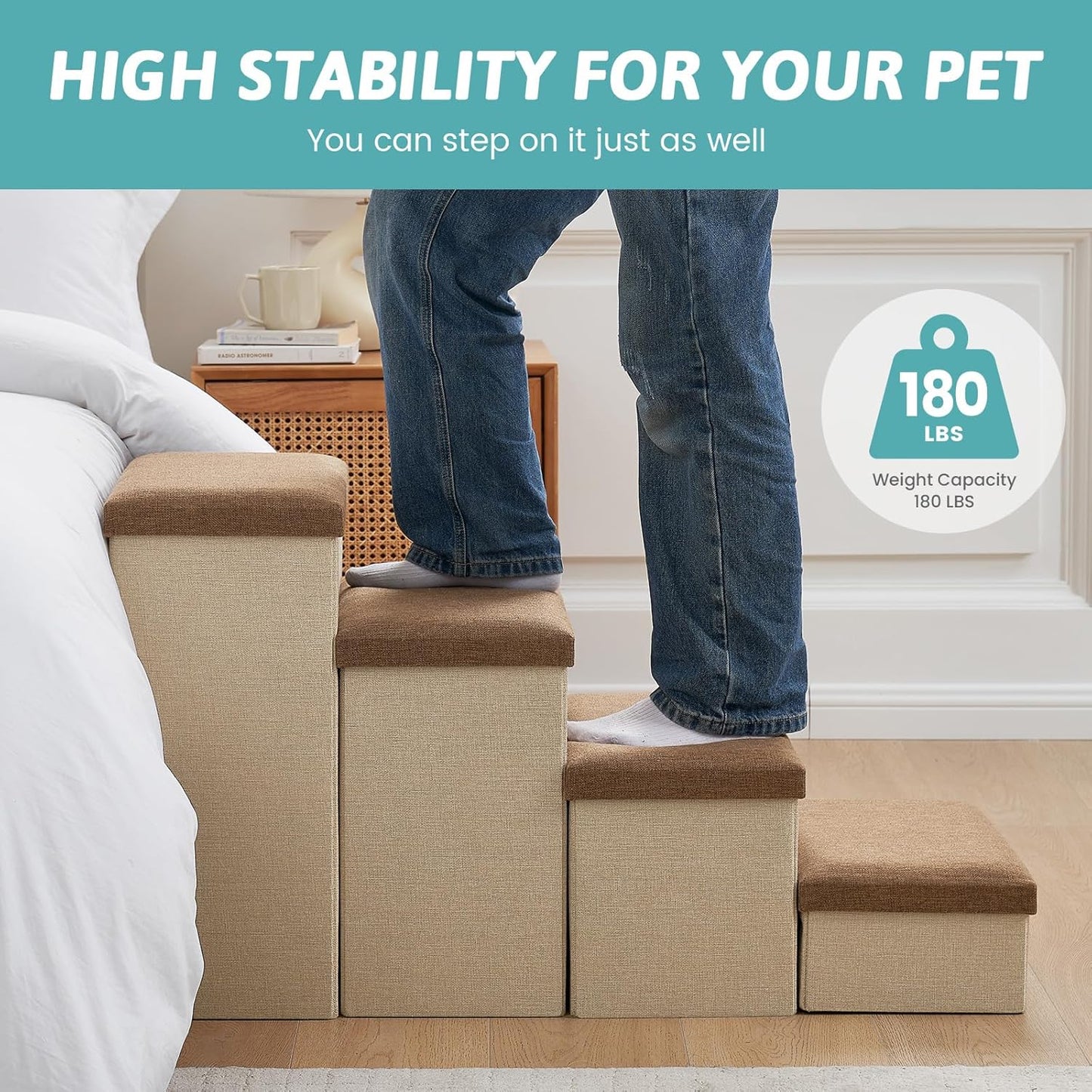Dog Stairs with Storage, 4-Step Wider Sturdy Dog Steps for Small/Medium/Large Dogs and Older Cats, Folding Doggie Ramp for Bed/Couch/Car Hold Up to 180 lbs (22" H, Brown) - Pet Explorer
